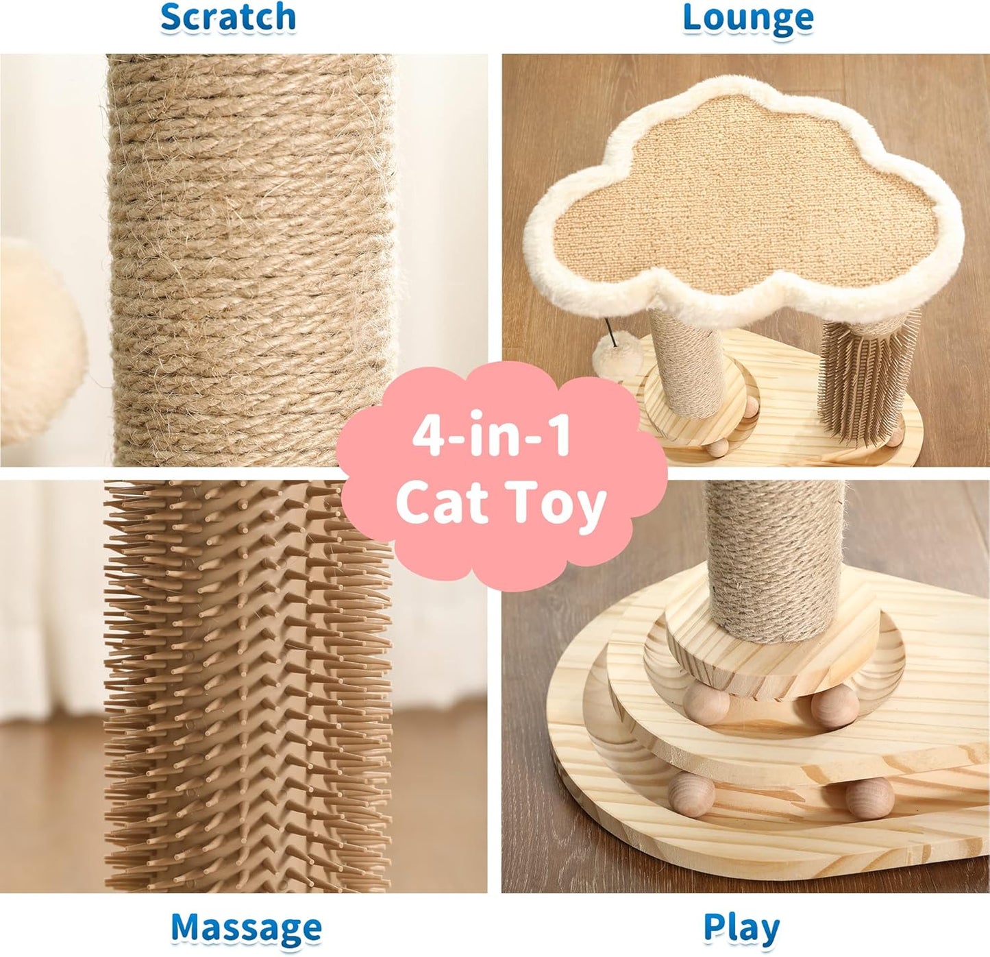 Made4Pets Cat Scratching Post, Cat Self Groomer for Indoor Cats, Cloud Soft Perch for Rest, 17.5" Tall Natural Sisal Scratcher Cat Grooming Interactive Ball Track Toys for Small Cats Kittens