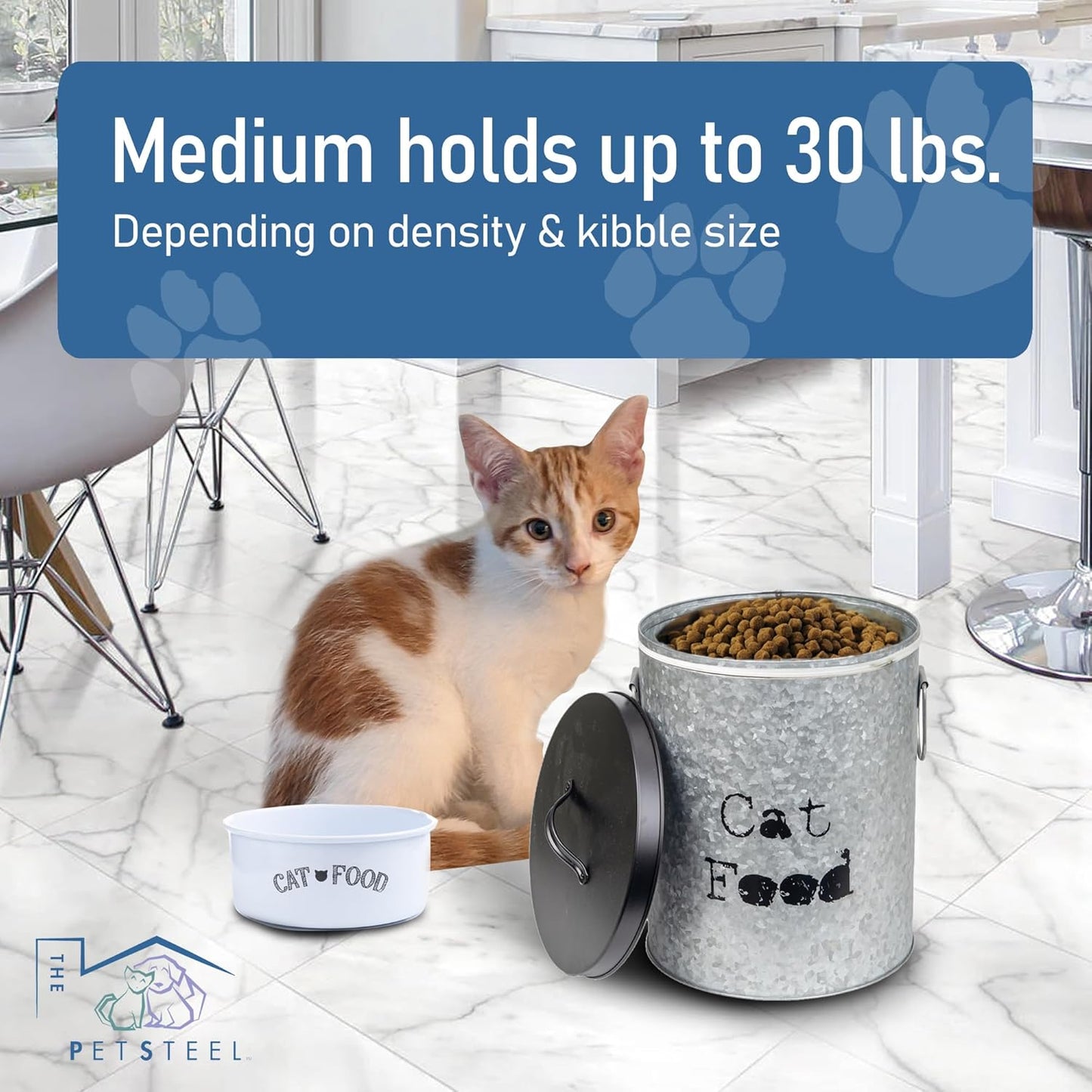 Medium Cat 30lb Pet Food Storage Canister with Scoop – Durable & Airtight for Freshnesss, Minimalist Design & Recyclable, Huge Large Metal Container (Cat Bin - Medium Size)