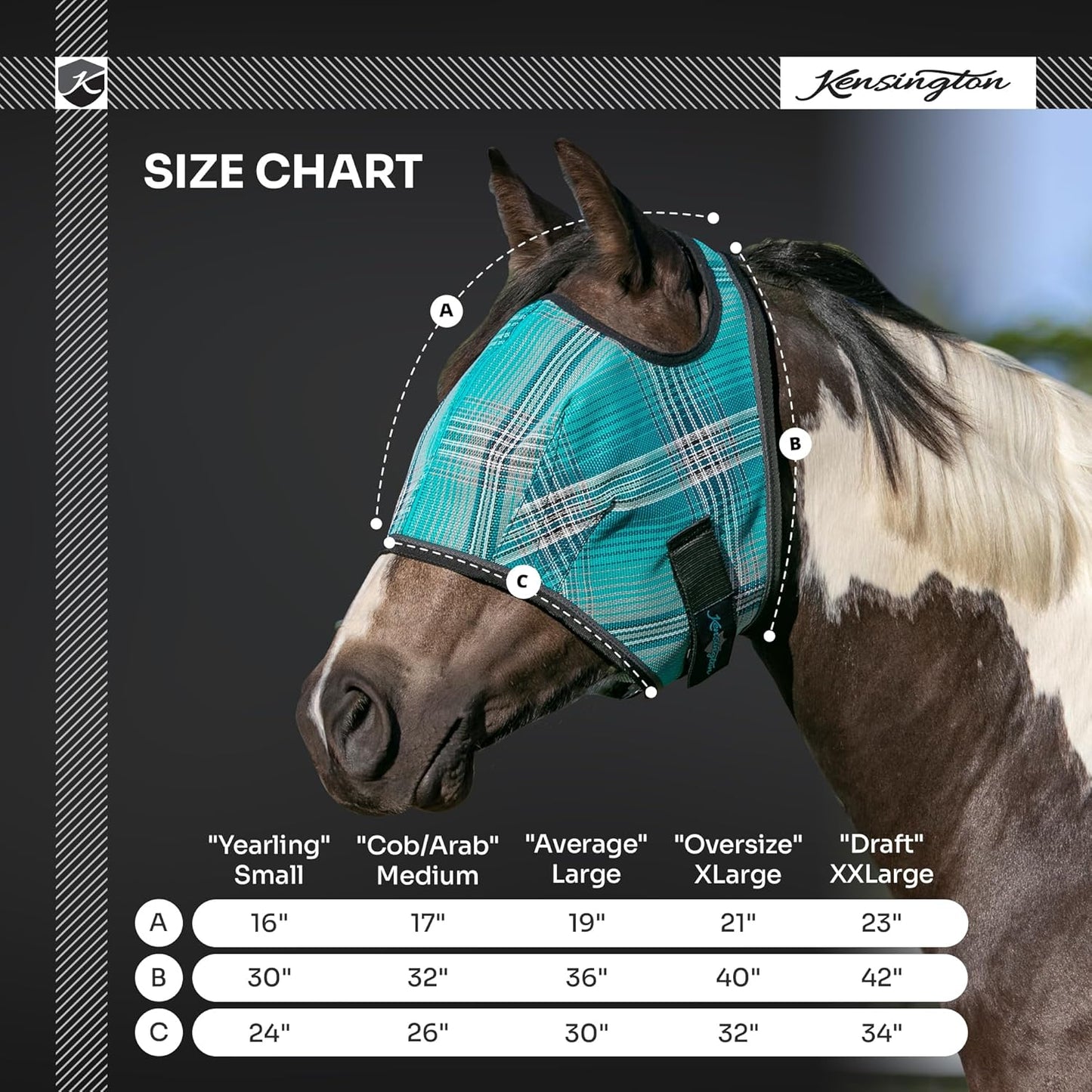 Kensington Fly Mask Web Trim Protects Horses Face and Eyes from Bites and Sun Rays While Allowing Full Visibility Ears and Forelock Able to Come Through The Mask, XXL-Draft, Imperial Jade