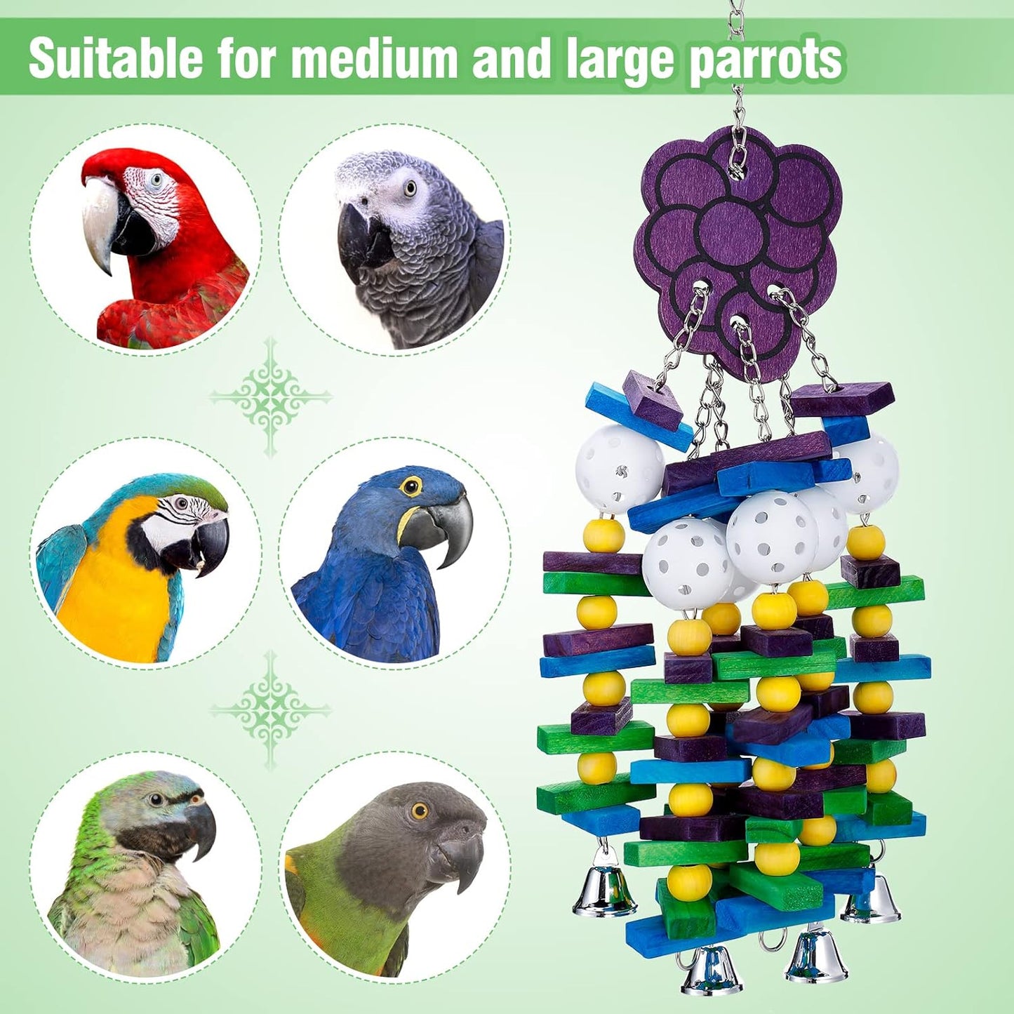 Large Bird Parrot Toys with Bells- Parrots Cage Chewing Toy Gift with Colorful Wood Blocks Beads- Bird Parrot Chewing Sticks Toys for Cockatoos African Grey Macaws and Amazon Parrots(Grape Style)