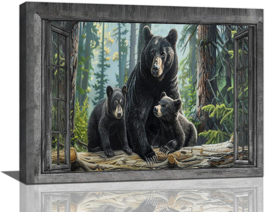 Black Bear Wall Art Forest Window Canvas Cabin Living Room Pictures Prints Animal Wall Decor Painting Artwork for Bedroom Dining Office Home 16"x12"