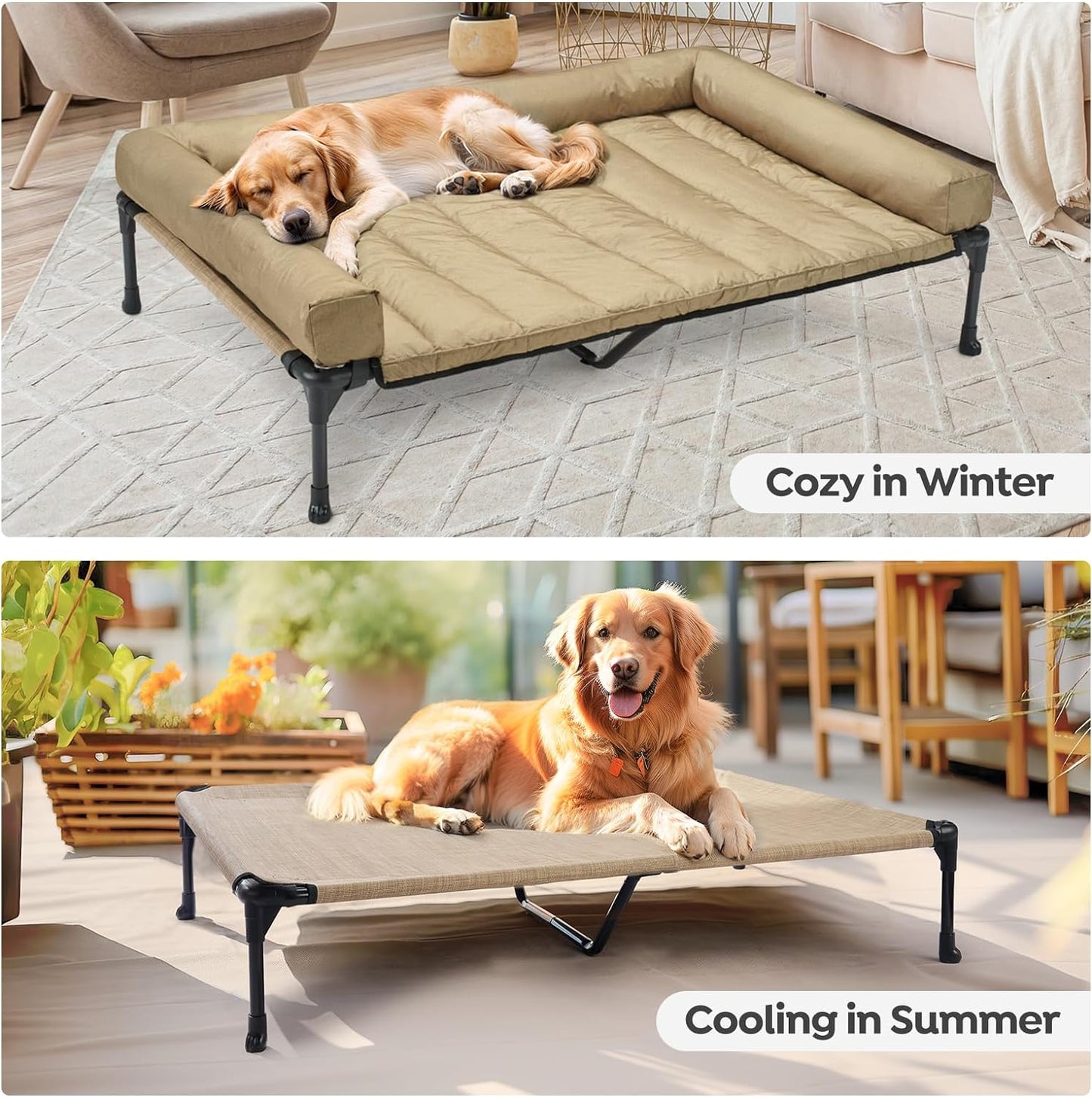 Veehoo Cooling Elevated Dog Bed Add Removable Waterproof Bolster Cushion Mat, Raised Pet Cot with Breathable Teslin Mesh, No-Slip Feet, Dog Couch Bed for Indoor Outdoor, 59x37.5inches, Beige, CWC2331B