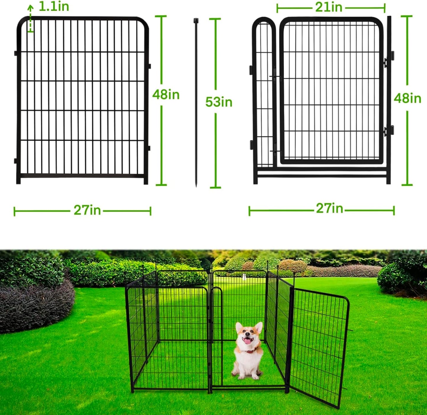 Garden Fencing 48in High, 8 Panels Total 17.7 Ft(L) Dog Fence Outdoor for Yard, Gate 21 in Wide with Low Sills. Lattice Panels for Outside, Dog Digging Fence Barrier, Garden Fences and Borders
