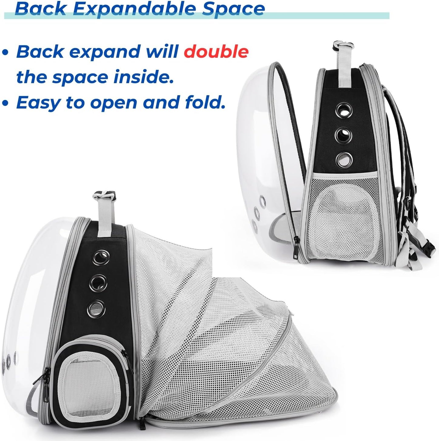 Lollimeow Cat Carrier Backpack, Bubble Expandable Backpack Carrier, Pets and Small Dogs,Airline-Approved, Designed for Travel, Hiking, Walking & Outdoor Use (Back Expandable-Black)