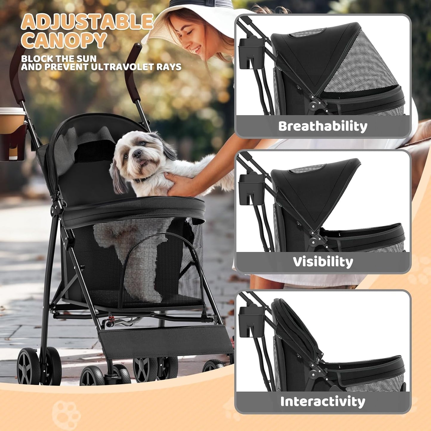 Magshion Compact Pet Stroller for Small-Medium Dogs/Cats up to 22lbs, 4-Wheel Lightweight Umbrella Shaped Portable Puppy Travel Jogger with Breathable Mesh, Cup Holder & Rear Storage, Black