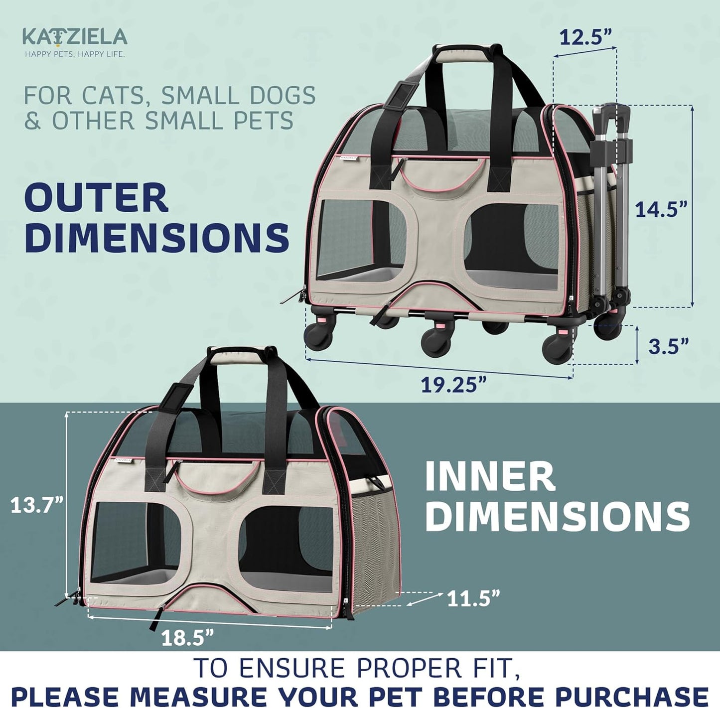 Katziela Pet Carrier - Airline Compliant Dog Carrier - TSA Approved Pet Carrier for Small Dogs and Cats - Soft FAA Travel Airplane Dog Carrier Luggage (Gray/Pink-6 Wheels)