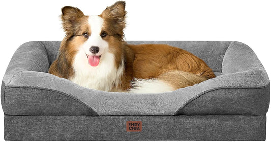 EHEYCIGA Memory Foam Dog Bed for Large Sized, Orthopedic Dog Sofa with Sides and Waterproof Liner, Washable Bolster Pet Couch with Removable Cover, 41x27x7.5 Inch, Grey