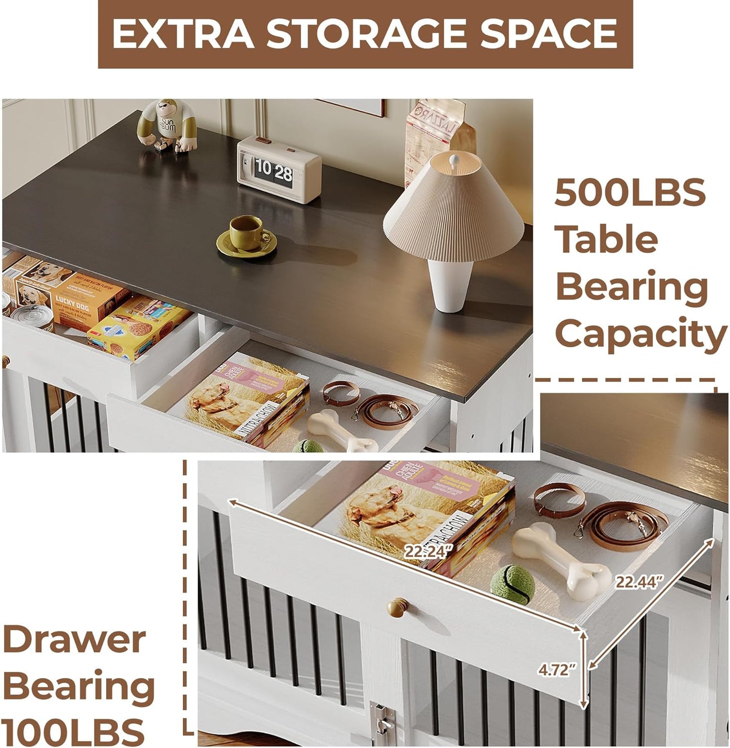 Dog Furniture Crate, 47" Large Dog Crate Furniture w/ 2 Storage Draws & Removable Divider for Large/Medium/Small Dogs (White, Double Cage)