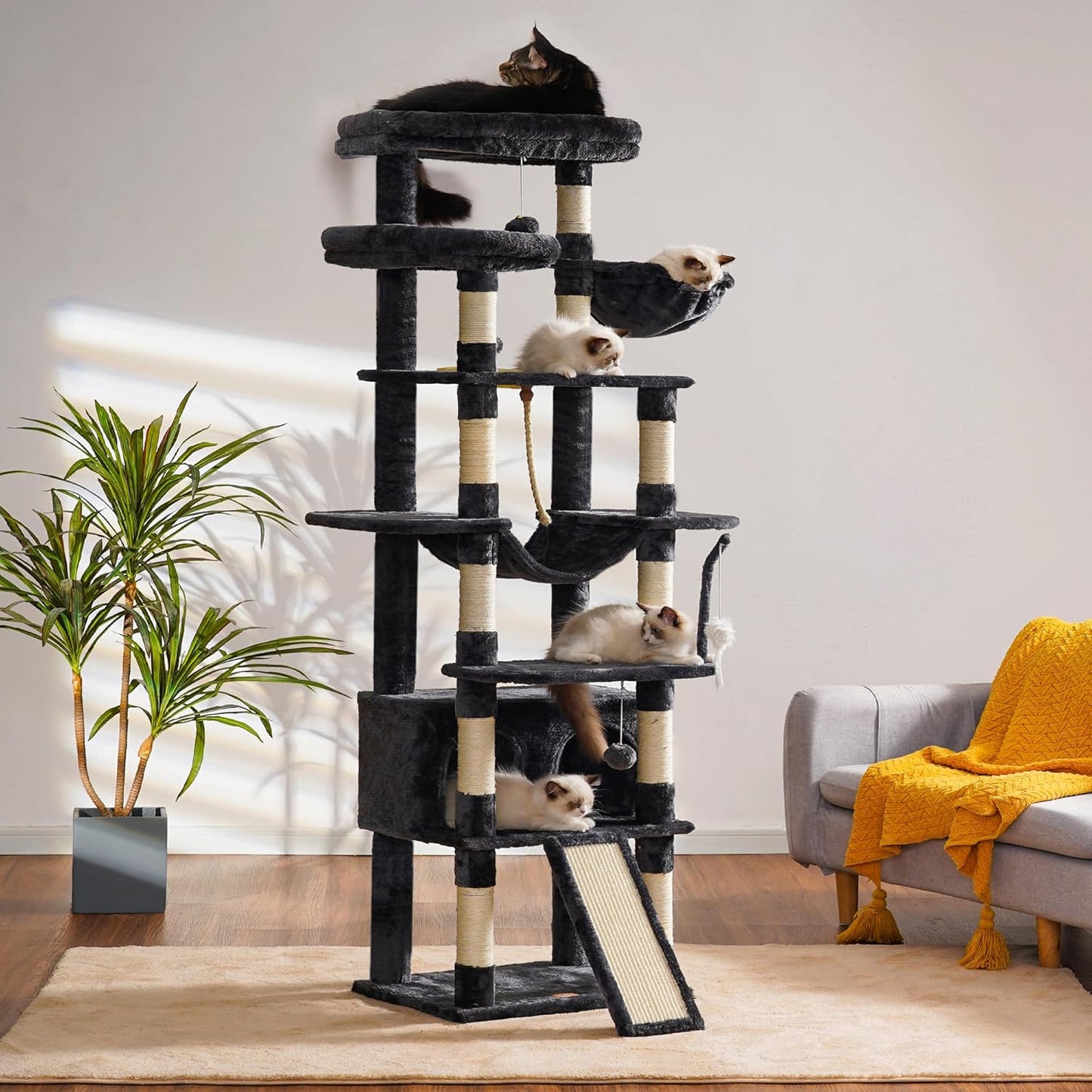 Heybly Tall Cat Tree, 78-inch Multi-Level Cat Tower for Indoor Cats, 2 Widened Plush Perches Cat Condo with Scratching Board and Big Caves, Smoky Gray HCT033G