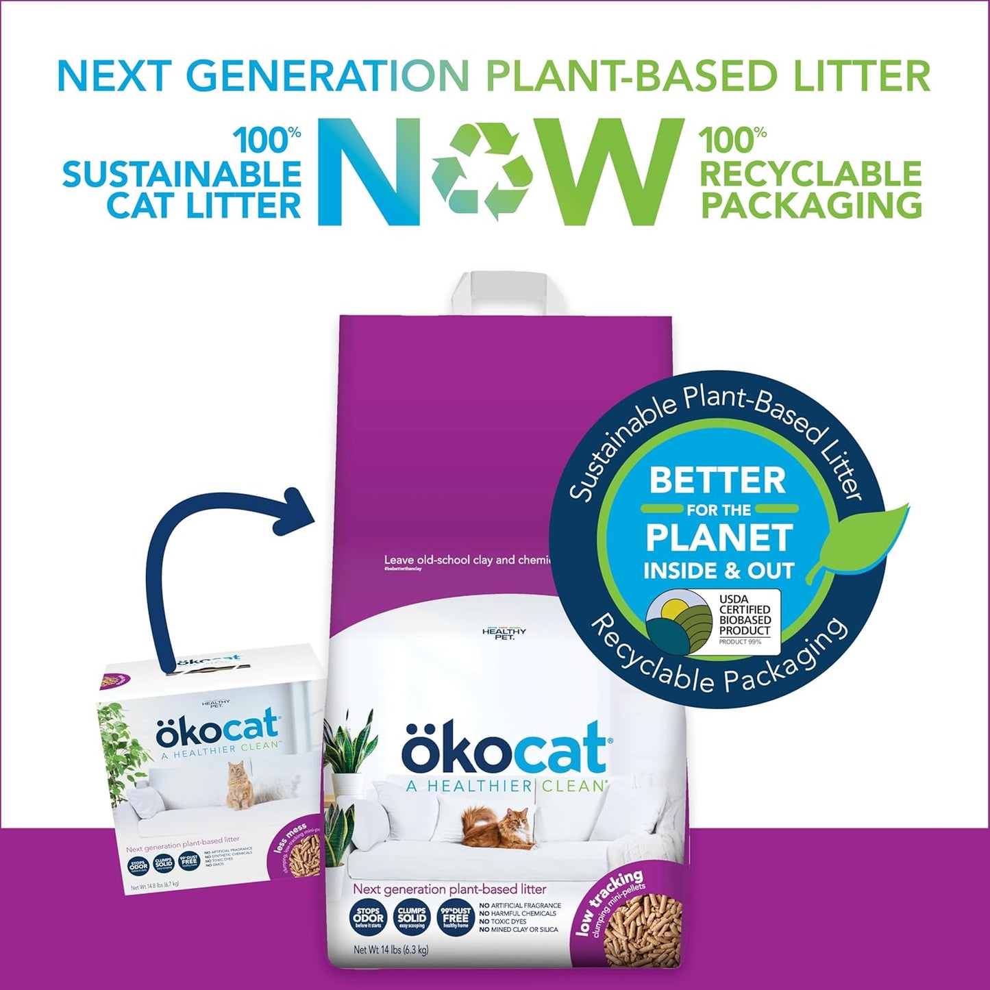 ökocat Less Mess Low Tracking Wood Clumping Cat Litter Mini- Pellets, Unscented, 21.5 pounds - Natural Ingredients, Stops Odor, Clumps Solid, 99% Dust Free, Great for Long-Hair Breeds