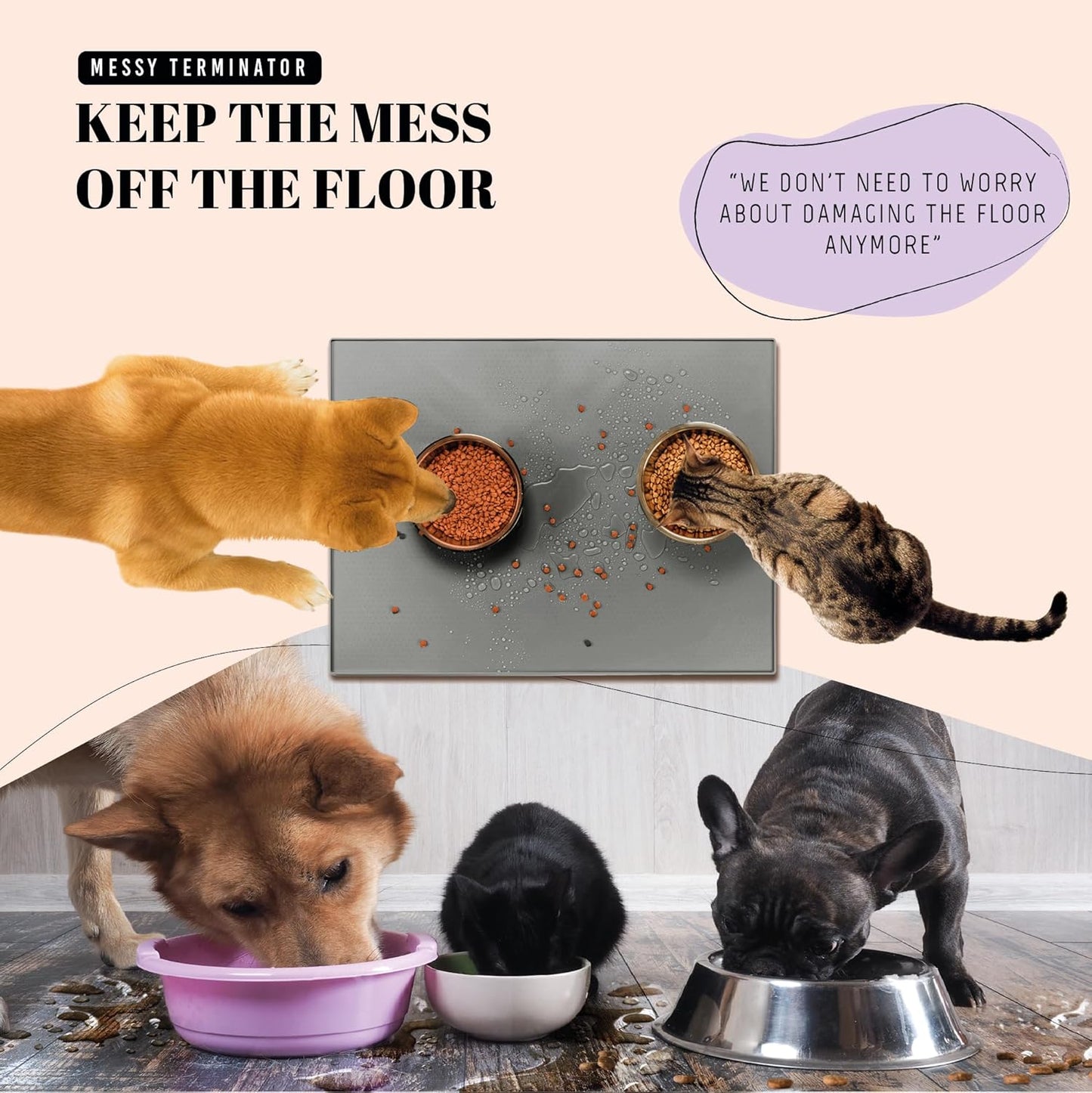 AVERYDAY 32x24'' Silicone Dog Mat for Food and Water, 0.63'' Edge Dog Food Bowl Mats for Floor Waterproof, Dogs Water Mat for Sloppy Drinker, Non Slip Rubber Pet Feeding Mats for Indoor Dogs and Cats