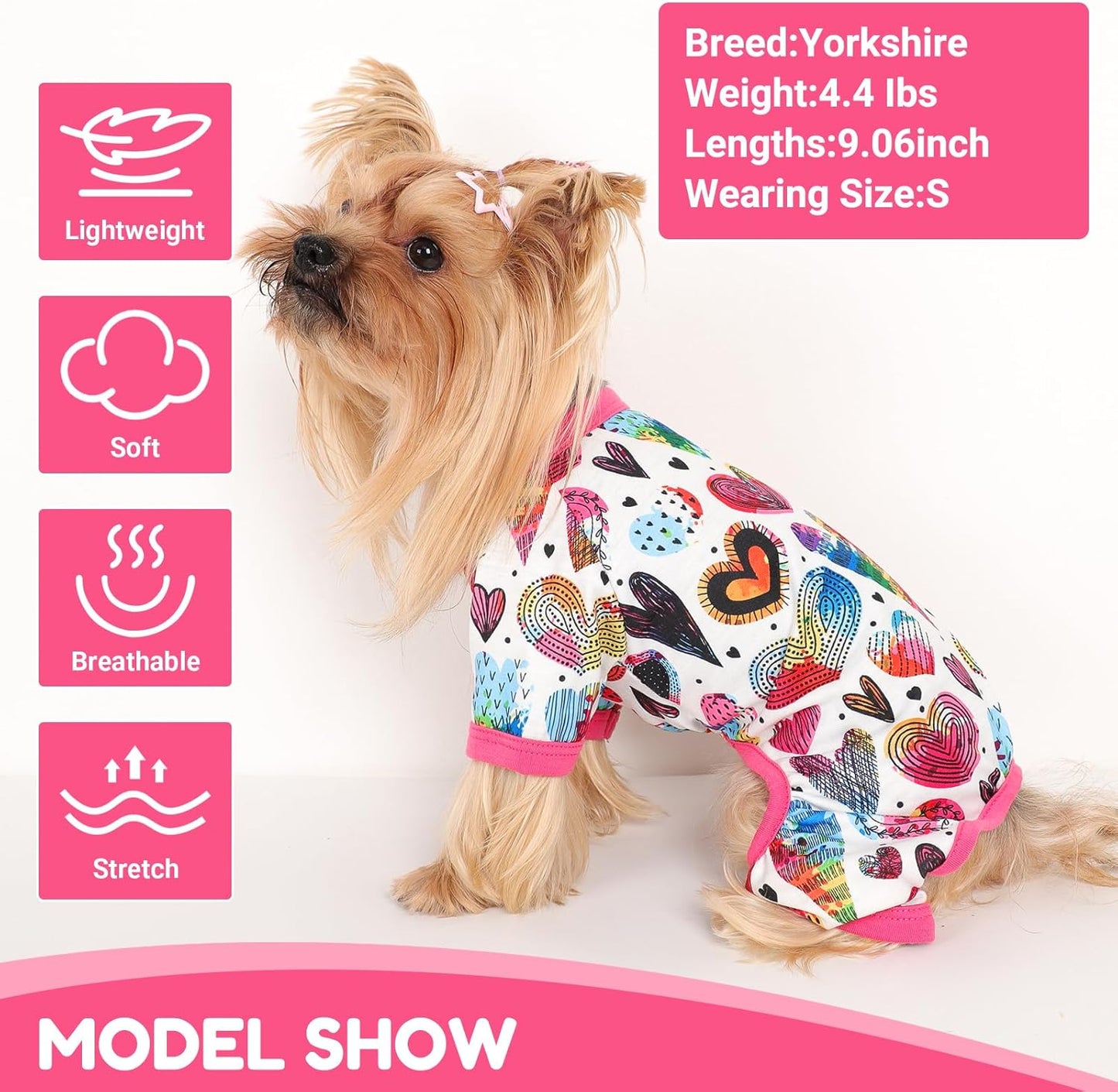 Dog Pajamas Small Sized Dogs Stretchable Summer Dog Clothes Pjs 4 Legs Girl Boy Cute Soft Puppy Outfits Doggie Cat Jammies Jumpsuit Sleeper for Pet (Love Heart, Medium)