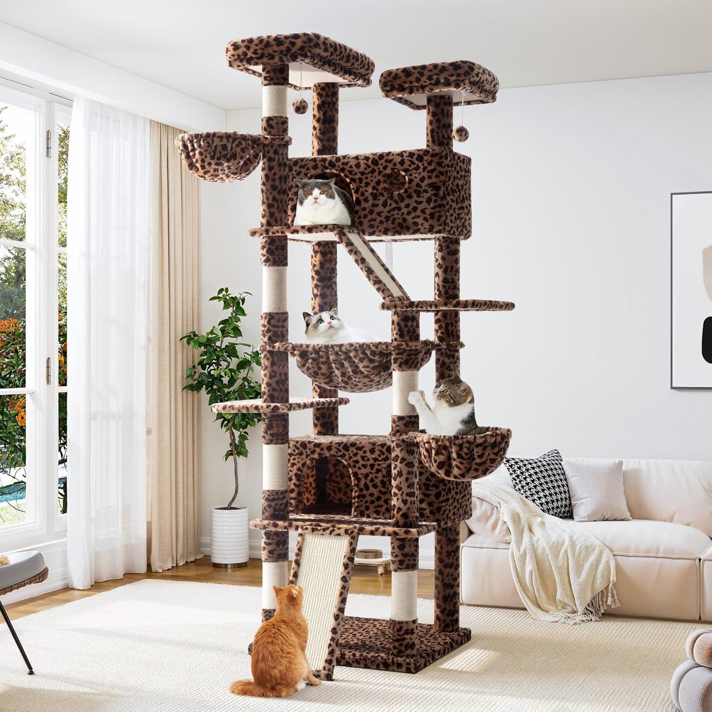 Allewie 81 Inches Tall Cat Tree/Multi-Level Large Climbing Tree House and Towers for Big Feline/Condo and Hammock/Scratching Post/Wide Base/Leopard Print