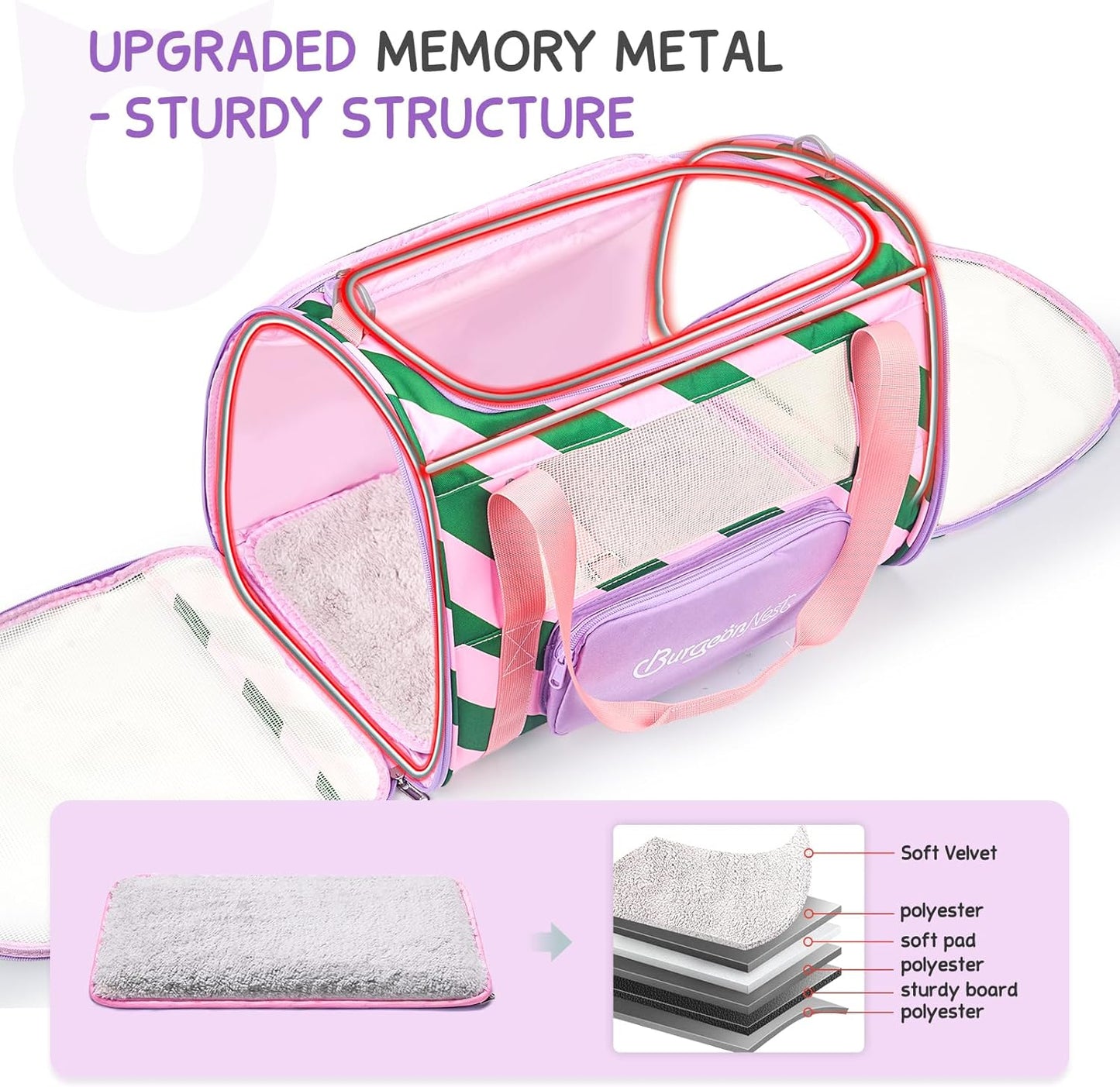 BurgeonNest Cat Carrier, Dog Cat Carriers for Large Medium Cats Under 20 lbs, Soft Sided Pet Carrier, Collapsible Travel Carry Puppy Kitten Cat Carrier with Big Side Bag (Medium, Pink-Green)