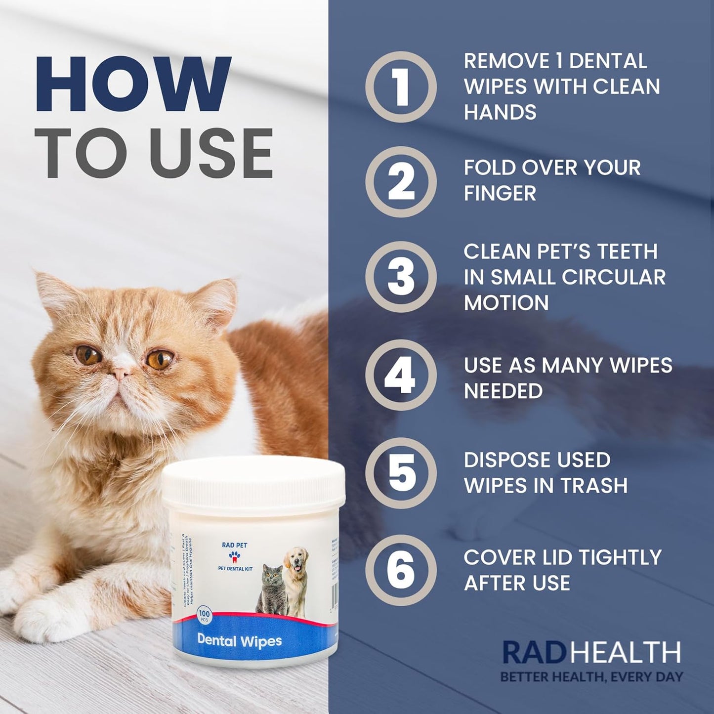 Rad Health Dog Dental Wipes - 100ct Pet Dental Finger Wipes, Easy No-Brush Teeth Cleaning, Removes Plaque & Tartar, Boosts Oral Hygiene, Freshens Breath, Gentle on Mouth, Strong on Build-Up