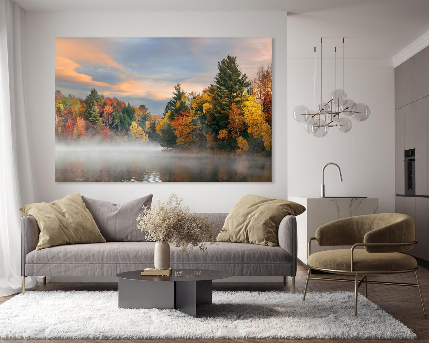 Nature Wall Art Prints - Ocean Forest Mountain Lake Canvas Landscapes - Small to Extra Large Living Room Bedroom Kitchen Bathroom Décor (Misty Fall Reflection, 16L" x 24W")