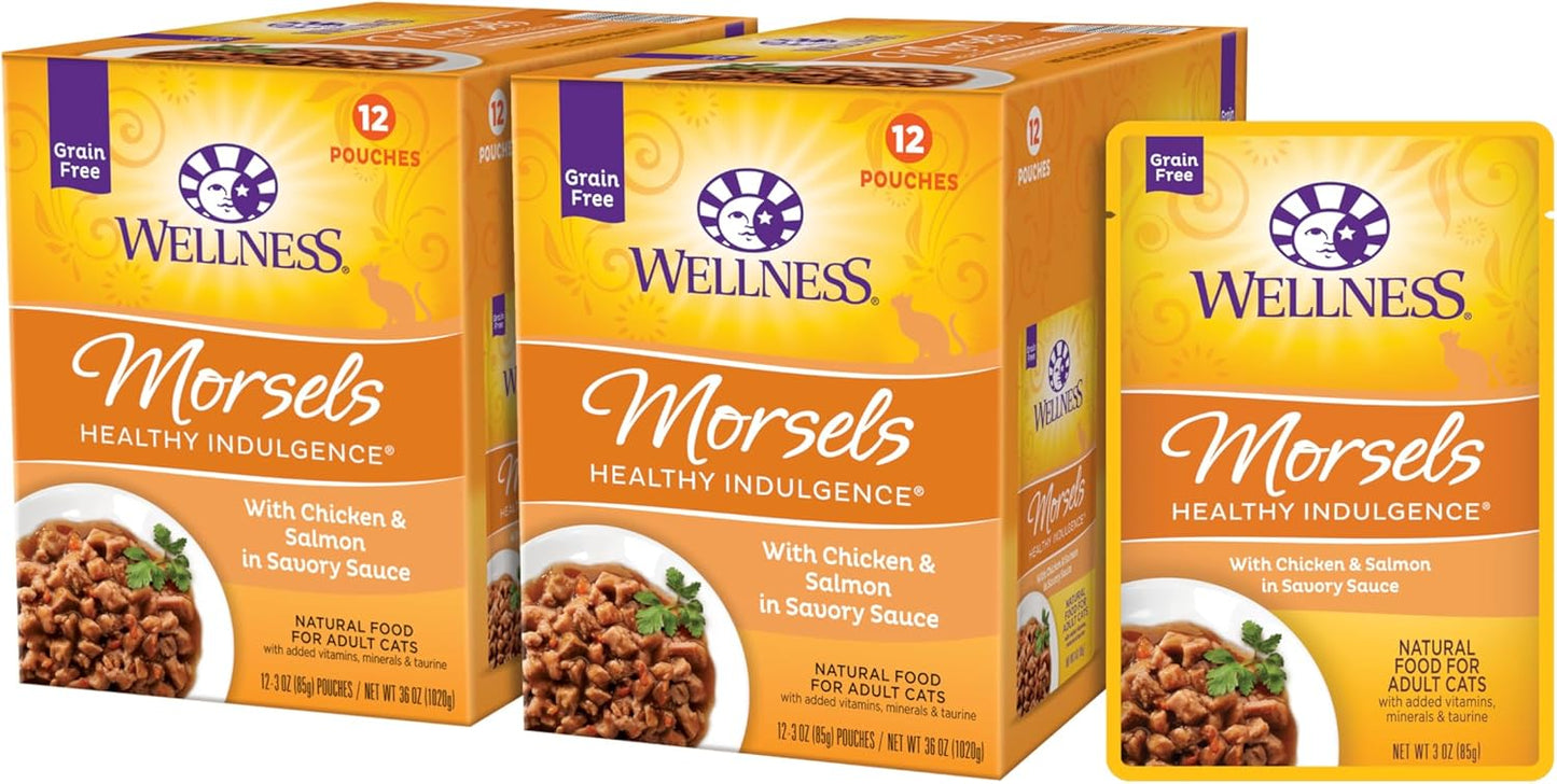Wellness Healthly Indulgence Morsels Adult Wet Cat Food, Natural, Protein-Rich, Grain Free, 3 Ounce Pouch, 24 Pack, (Chicken & Salmon)