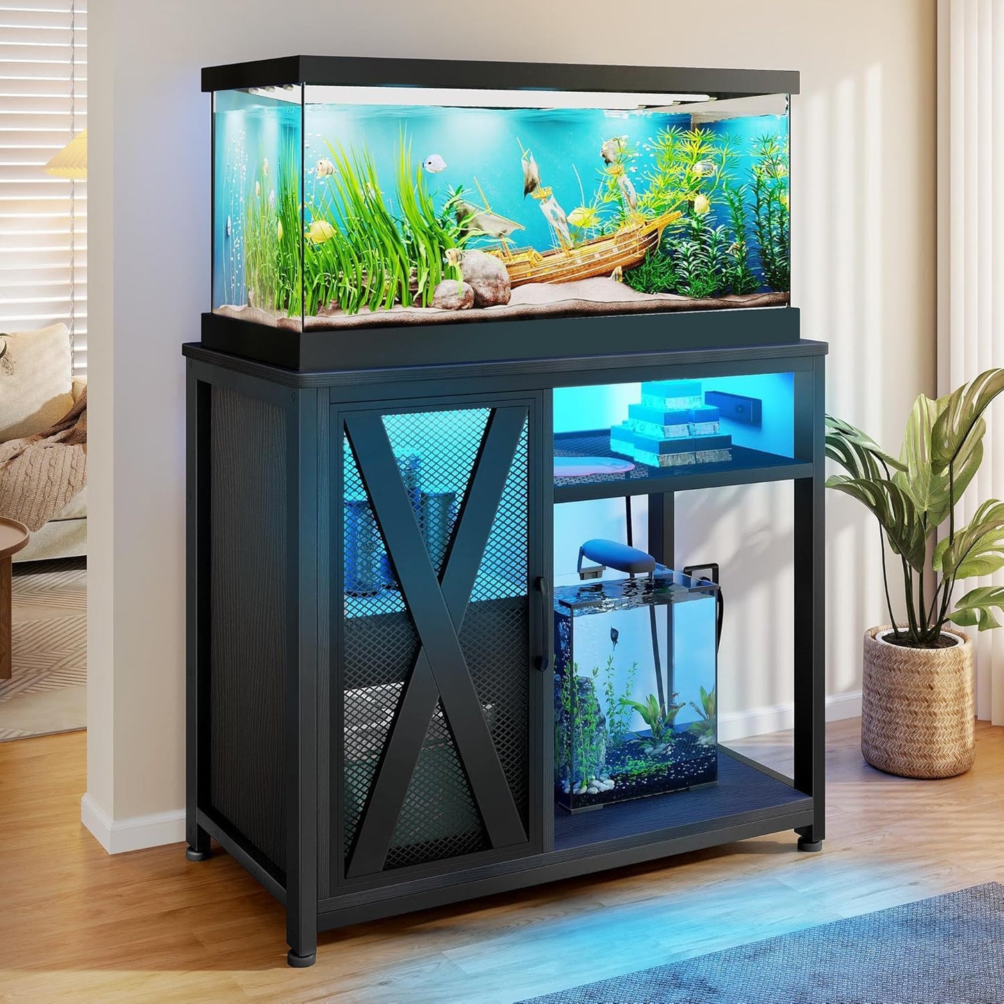 DWVO 40-50 Gallon Aquarium Stand with Power Outlets & LED Light, Cabinet for Fish Tank Accessories Storage - Metal Fish Tank Stand Suitable for Turtle Tank, Reptile Terrarium, 660LBS Capacity, Black