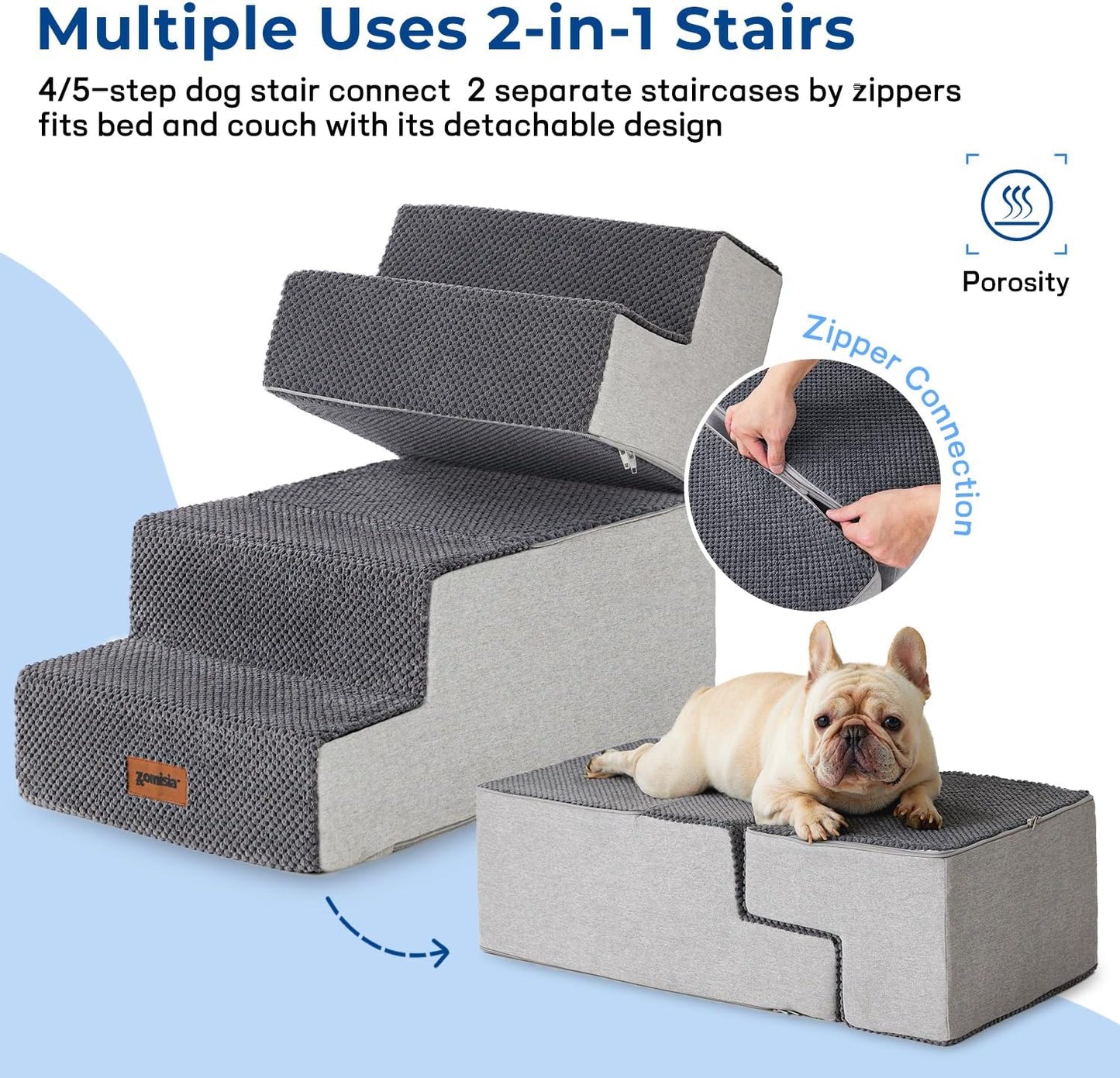 Dog Stairs for Large Dogs - Extra Wide Pet Stairs 2 in 1 with Zippers Suitable for Couch and Bed, Foam Dog Steps with Non Slip Bottom Grey 4 Steps, Grey