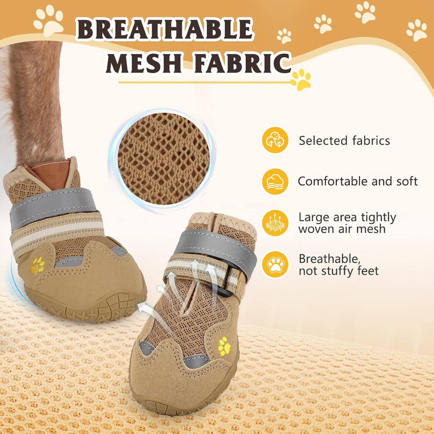 Dog Shoes, FISHOAKY Dog Shoes for Large Dogs, Mesh Breathable Dog Boots & Paw Protectors for Summer Hot Pavement Winter Snowy, 360°Anti Slip 4Pcs Dog Booties with Reflective Khaki (Size 4)