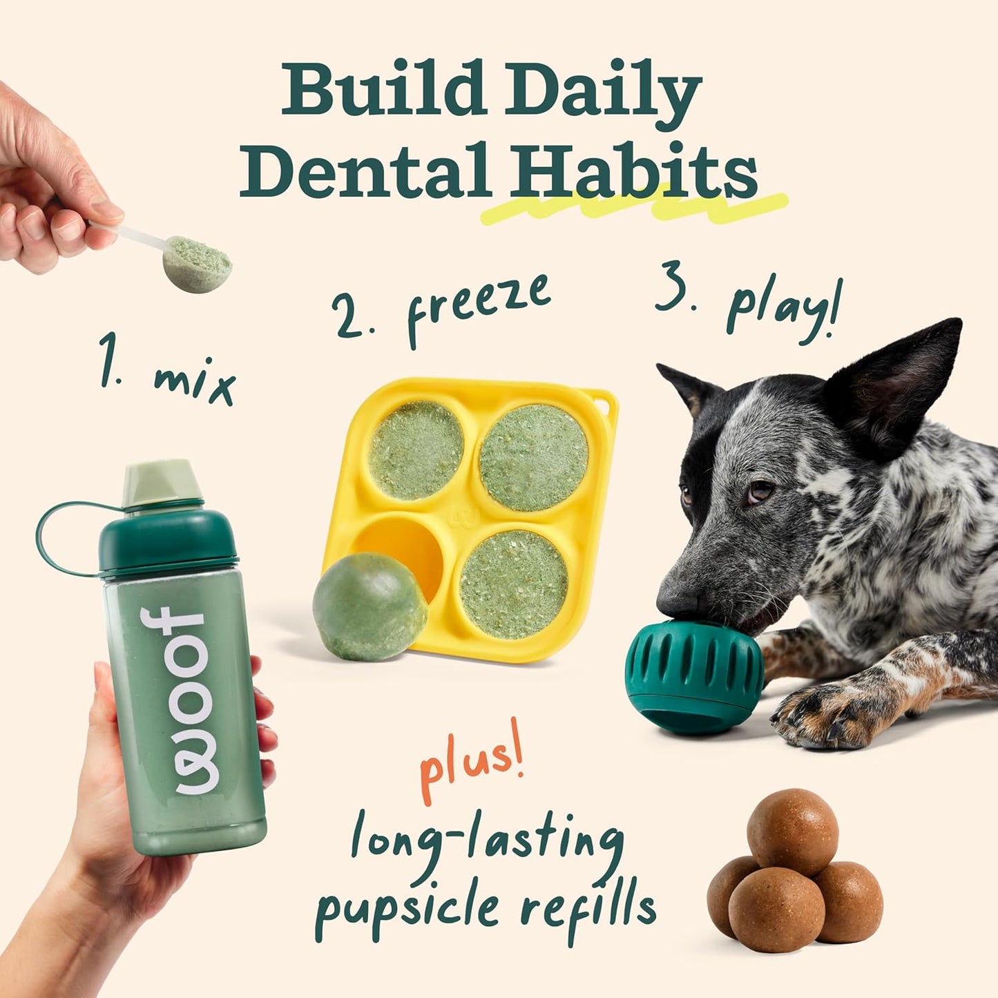 WOOF Dental Kit- Includes Pupsicle Dog Toy, Treat Tray, Shaker Bottle, Chicken Pupsicle Pops, and Dog Teeth Cleaning Powder - Supports Oral Health for Dogs - XL