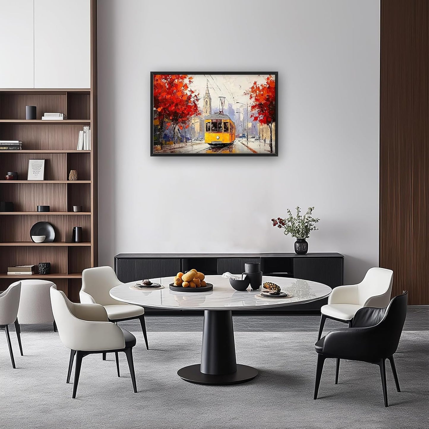 Large Cityscape Wall Art for Living Room, Framed Oversized Urban Tram Wall Decor Tree Landscape Canvas Painting Modern Artwork for Living Room Bathroom Bedroom Office Dining Room 36"x24"