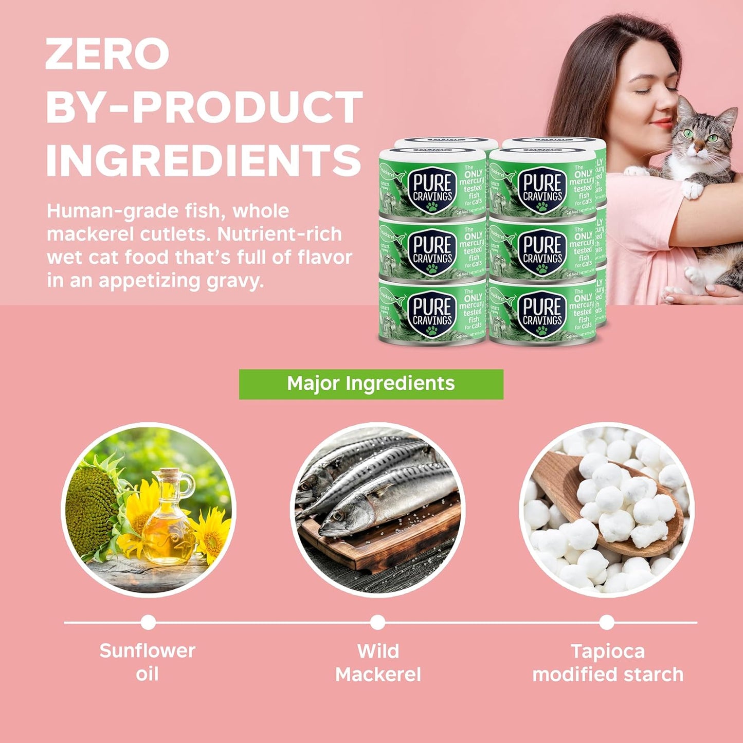 Wet Cat Food Canned Mackerel Cutlets in Gravy, Every Catch is Mercury Tested, Moist Can Fish for Cats, Grain-Free, Protein, Non-GMO, Pack of 12