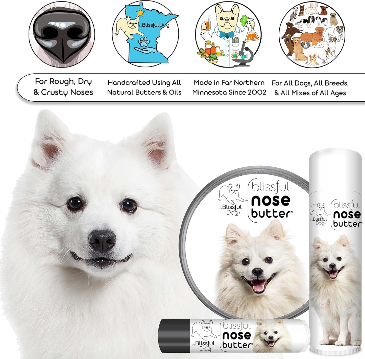 The Blissful Dog American Eskimo Nose Butter for Dry, Cracked Skin, Lick-Safe Dog Nose Balm with Moisturizing Shea Butter, Almond, Olive, and Essential Oils, Pet Supplies, Uncented, 0.50 oz.