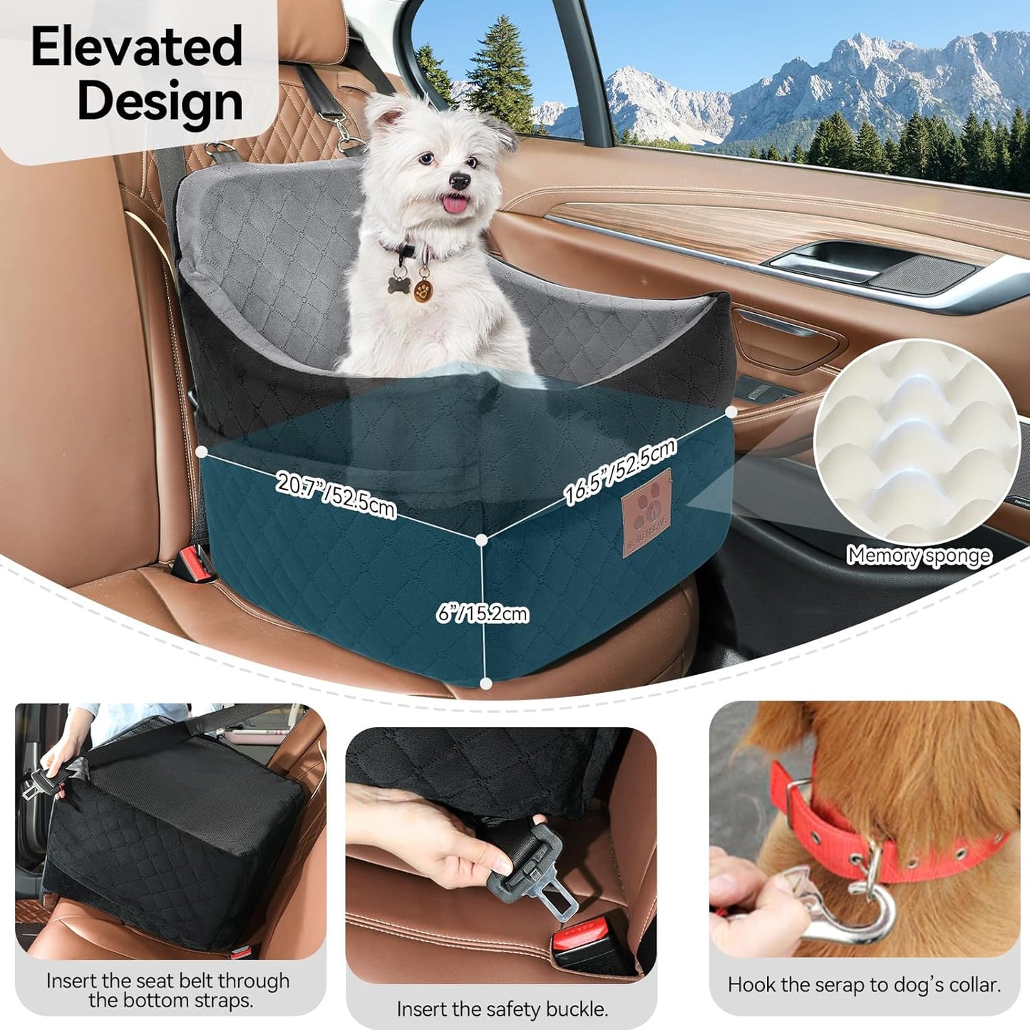 Dog Car Seat for Small/Medium Dogs, Dog Booster Car Seats with Thick Cushion for Dogs Under 35lbs, Detachable Washable Pet Car Seat with Storage Pockets, 2 Safety Belts(Black/Grey)