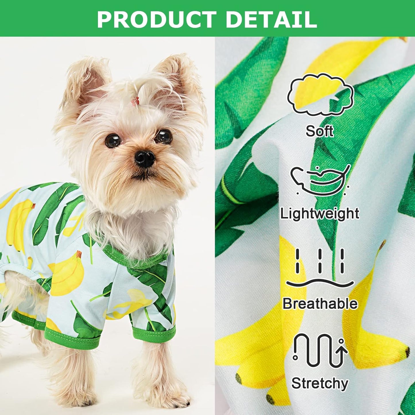 PinkBow Dog Pajamas, Banana Graphics, X-Small, 1.5-3.3lb, Polycotton, for Small Dogs & Cats