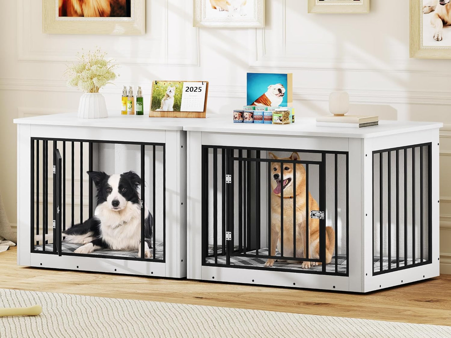 YITAHOME 76 Inch Double Dog Crate Furniture, XXL Dog Crate Furniture for 2 Dogs, Side End Table, Waterproof Top, Safety Corners, 2-in-1 Iron-Wood Fusion Dog Kennel Furniture for 2 Large Dogs,White