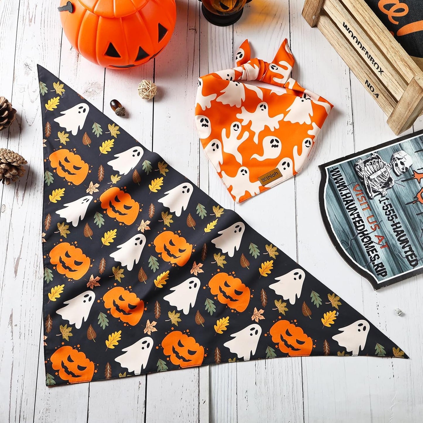 Halloween Dog Bandanas - 2 Pack Fall Dog Bibs | Reversible Pumpkin and Ghost Pet Scarf for Boys and Girls | Premium Durable Fabric | Orange Dog Bandana for Small and Medium Dogs (Small)
