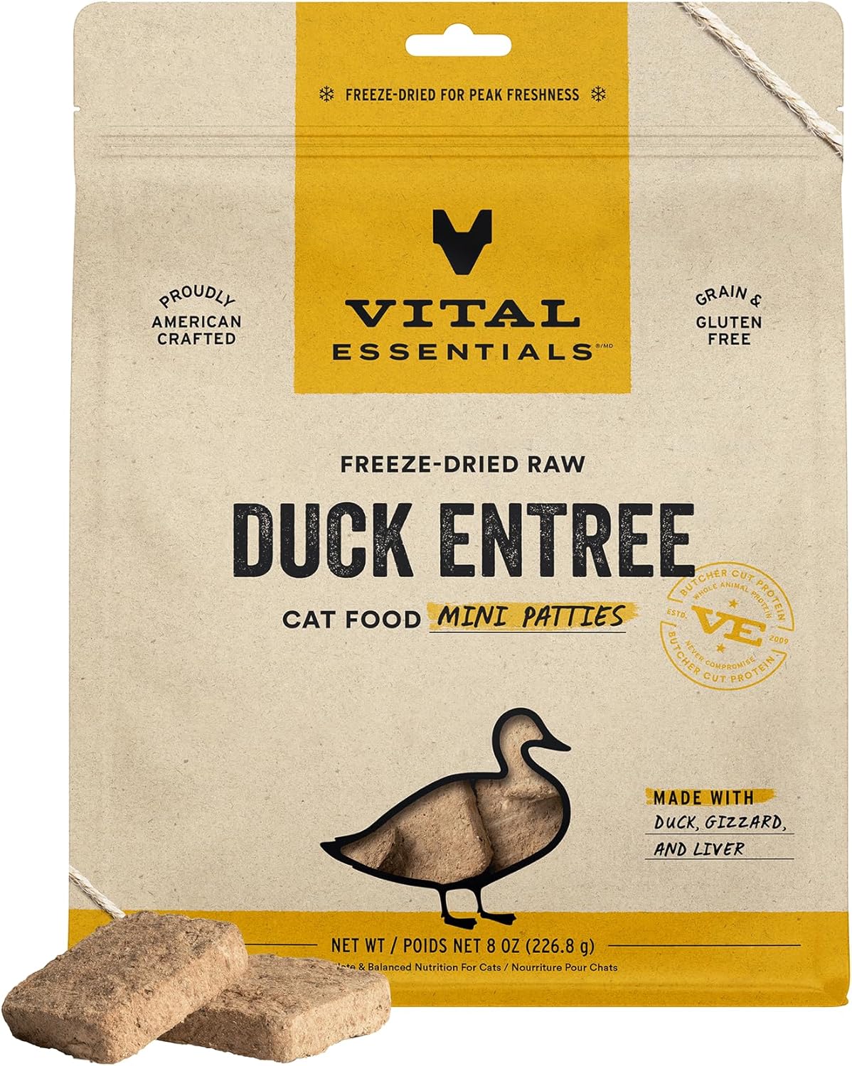 Vital Essentials Freeze Dried Raw Cat Food, Duck Mini Patties Entree, 8 oz
