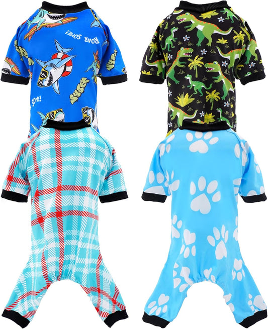PET SHOW 4 Pack Small Dog Pajamas for Medium Dogs Boy Dinosaur Shark Soft Stretchy PJs Plaid Jumpsuit Puppy Cats Paw Onesies Outfits with Sleeve Pets Breathable Summer Clothes Costume L