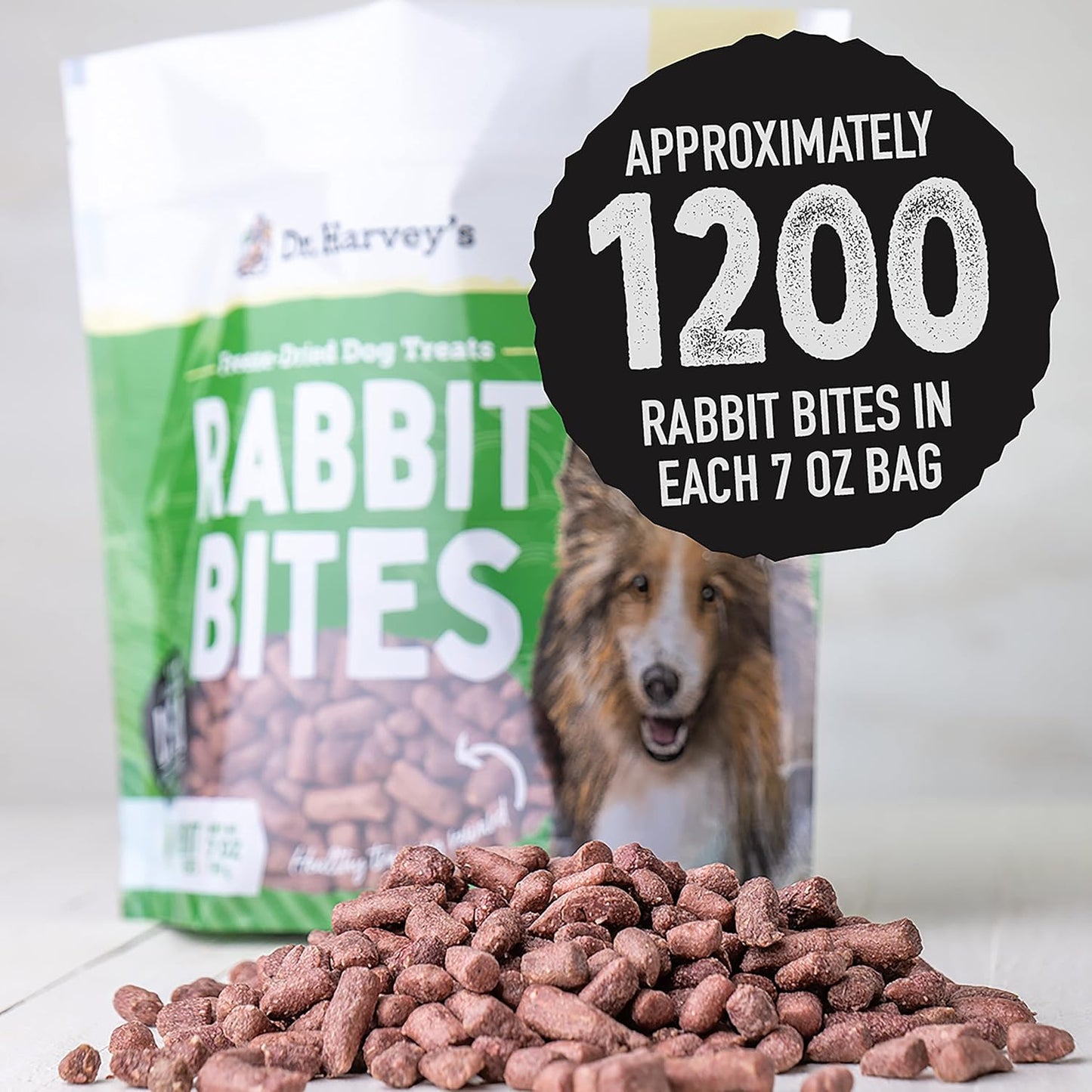 Dr. Harvey's Rabbit Bites Freeze-Dried Raw Dog Treats - Single Ingredient, All-Natural Rabbit Meat Protein for Dogs, Allergen-Free - 7 Ounces (3 Pack)