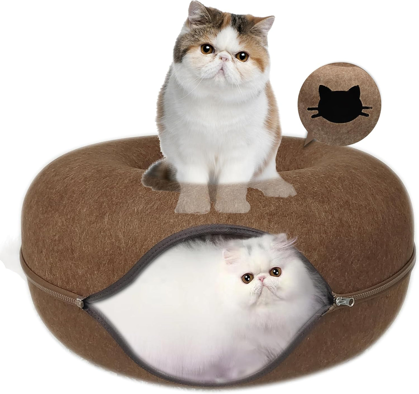 Donut Cat Tunnel Bed Peekaboo Cat Cave for Large Cats Up to 30 Lbs, Kitty Interactive Playing Tent House for Multiple Cats,Detachable,Scratch Resistant (Brown, Large - 24 Inch Diameter)