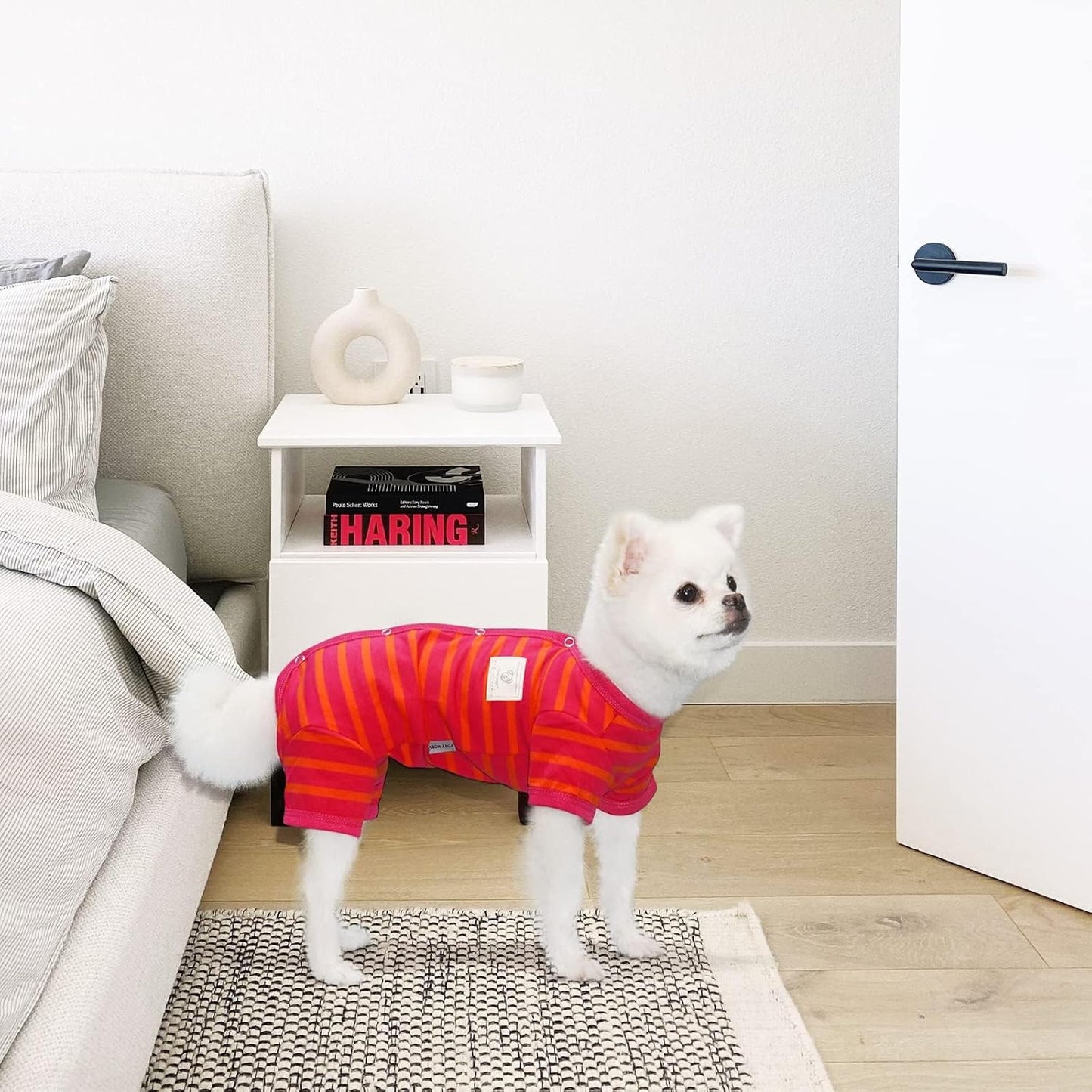 TONY HOBY Female/Male Dog Pajamas, Dog Jumpsuit 4 Legged Pajamas with Stripes, Soft Cotton for Comfortable Sleep (Rose Red&Orange, Boy, S)