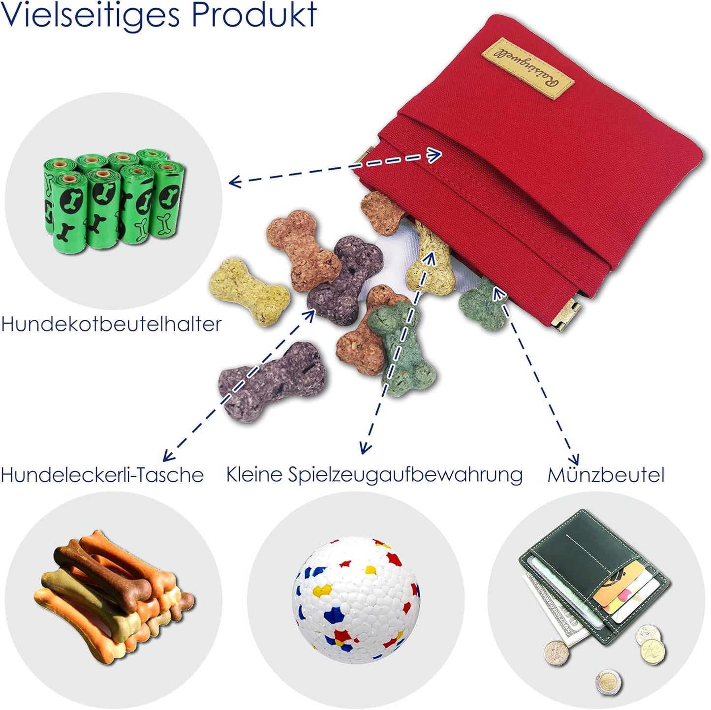 Dog Treat Pouch, Red Pocket Sized Pet Training Pouch, Cotton Fabric, Hand Free Dog Walking Bag with Carabiner, Self-Closing Pet Feed Snack Reward, for Puppy Travel or Outdoor Use