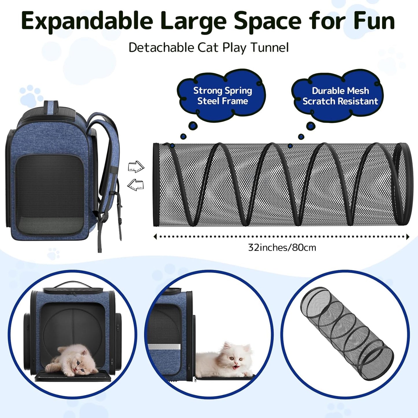 Pawtners Cat Carrier Backpacks Expandable Pet Backpack with Breathable Mesh, Pet Carrier Backpack for Cats Small Dogs Puppies Up to 18 Lbs, Dog Carrier Backpack for Travel Hiking Camping Outdoor Blue