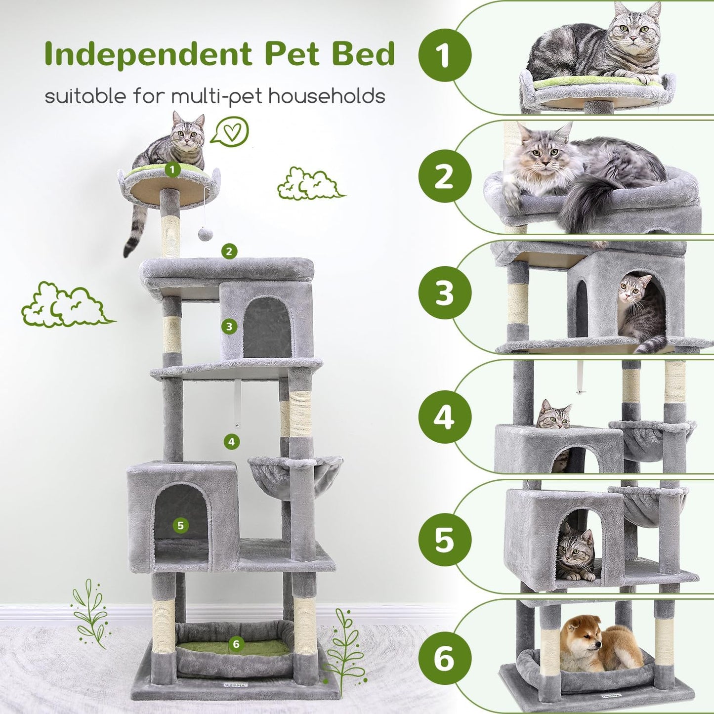 Globlazer Heavy Duty Cat Trees for Large Cats, Sturdy 72in Maine Coon Cat Tree for Large Cats 20 lbs+ Heavy Duty Cat Tower for Adult Biggest Cat with 6 Scratching Posts, Hammock, S72, Light Grey
