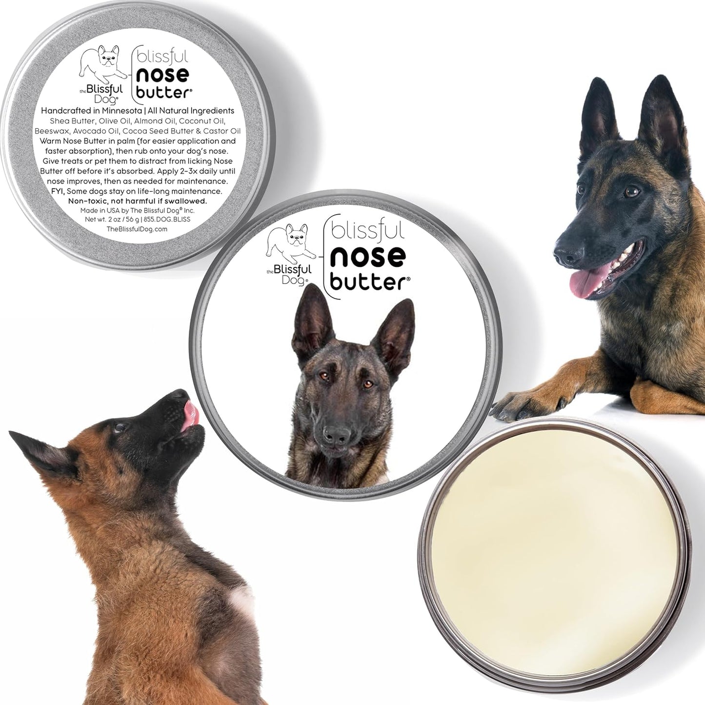The Blissful Dog Belgian Malinois Nose Butter for Dry, Cracked Skin, Lick-Safe Dog Nose Balm with Moisturizing Shea Butter, Almond, Olive, and Essential Oils, Pet Supplies, Uncented, 4 oz.
