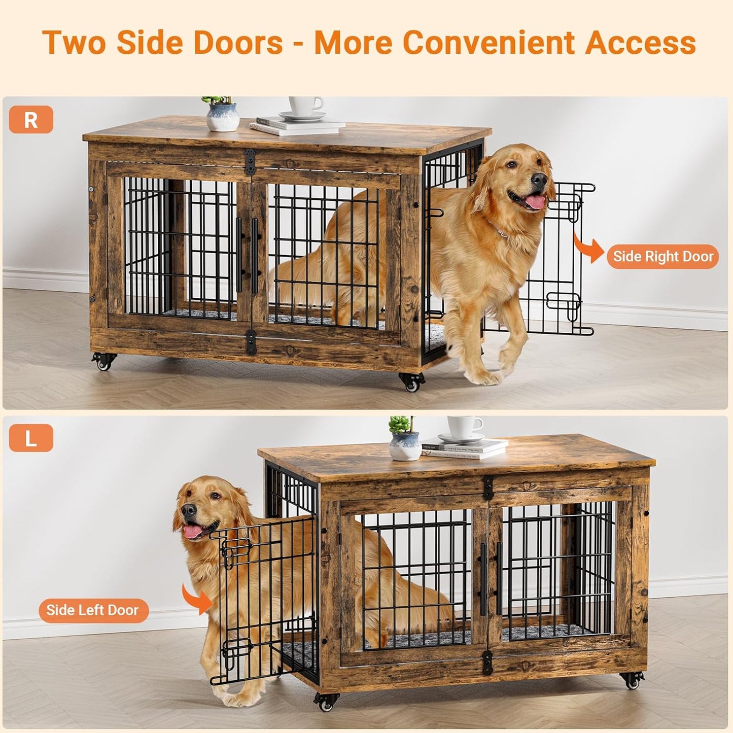 Lulive Dog Crate Furniture Set of 2, Dog Kennel Indoor Double Doors Wooden Dog Cage, 38'' Heavy Duty Dog Crate with Cushion & Wheels, End Table Pet House Chew-Resistant Up to 70 lb, Rustic Brown