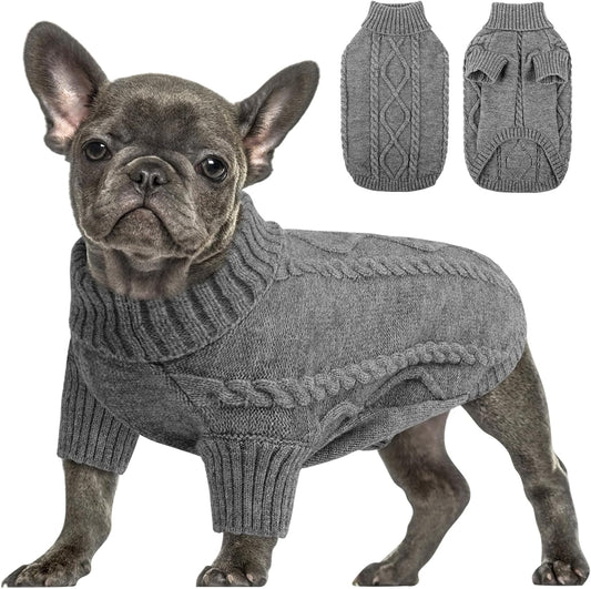 Queenmore Small Dog Pullover Sweater, Cold Weather Cable Knitwear, Classic Turtleneck Thick Warm Clothes for Chihuahua, Bulldog, Dachshund, Pug (Slate Grey, Medium)