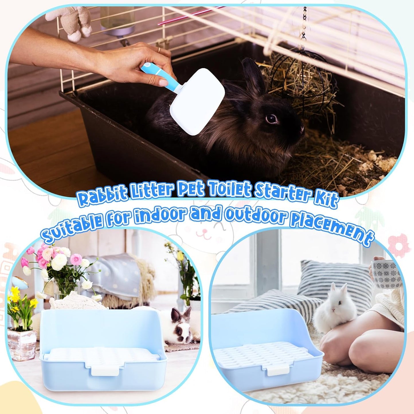 15 Pcs Rabbit Starter Kit Small Rabbit Litter Box Animal Grooming Kit Bunny Toys Bowl Blankets with Cleaning Set for Guinea Pig Accessories(Candy Blue)