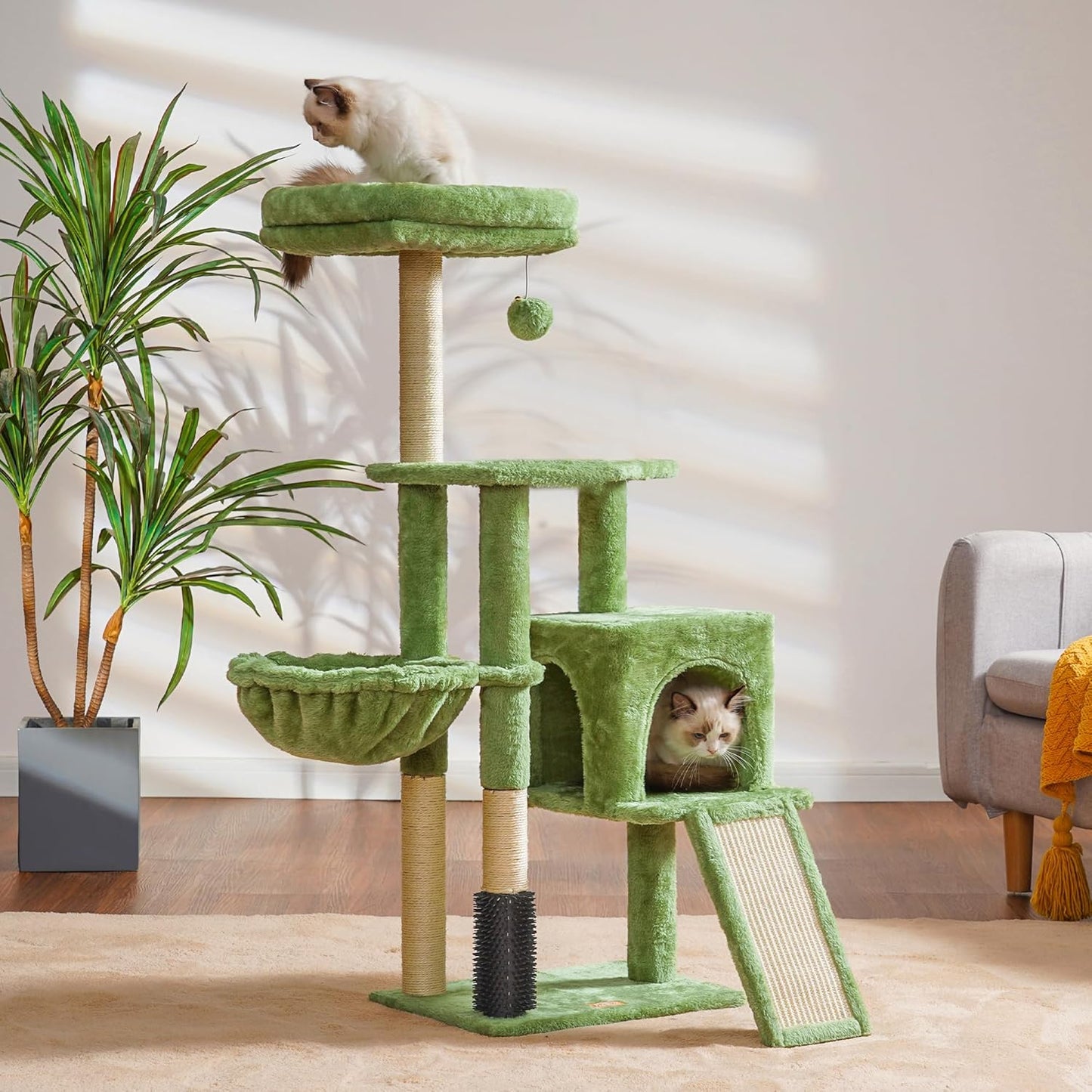 Heybly Cat Tree with Cat Self Groomer Brush, Cat Tower Condo for Indoor Cats with Padded Plush Perch, Cat House with Basket Scratching Board Post, Green HCT005SGR