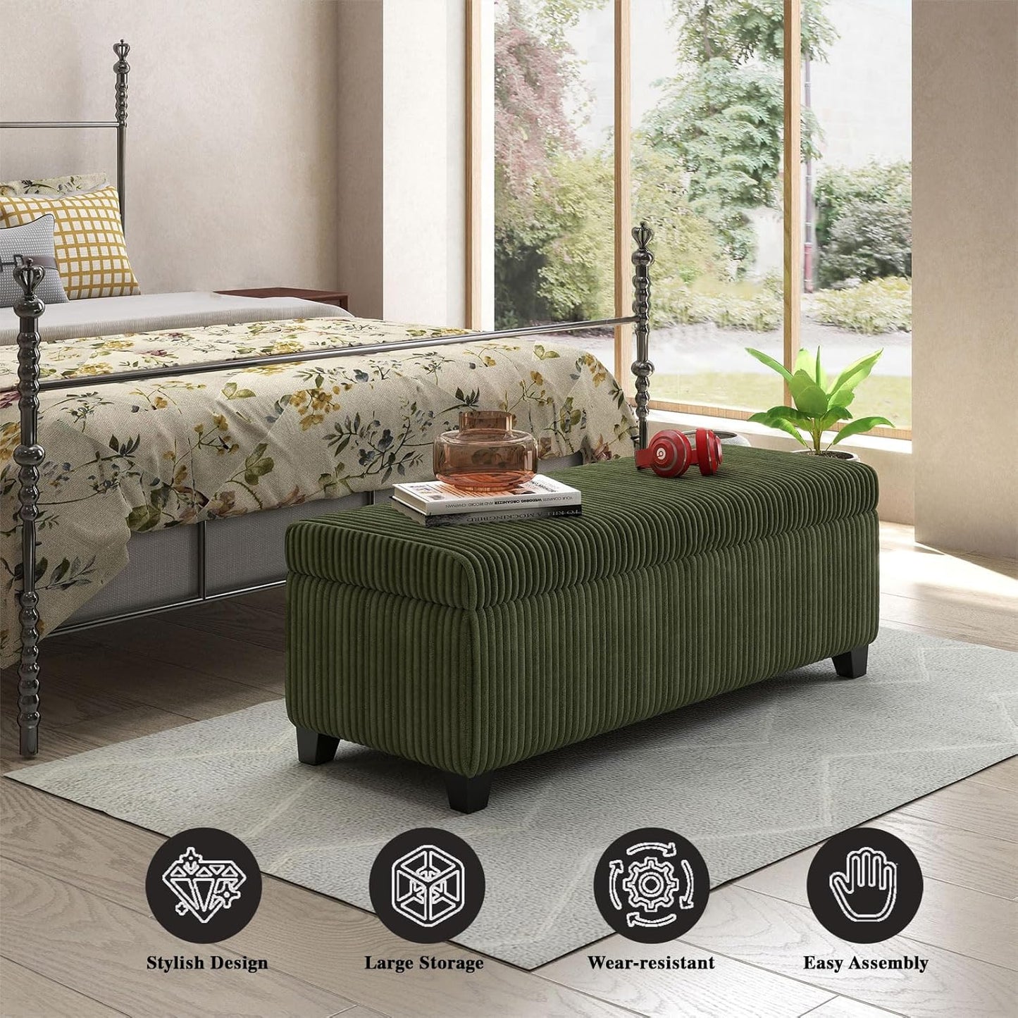 48" Green Ottoman with Storage, Corduroy Storage Ottoman Bench for Bedroom, End of Bed Bench with Safety Hinge for Living Room, Entryway