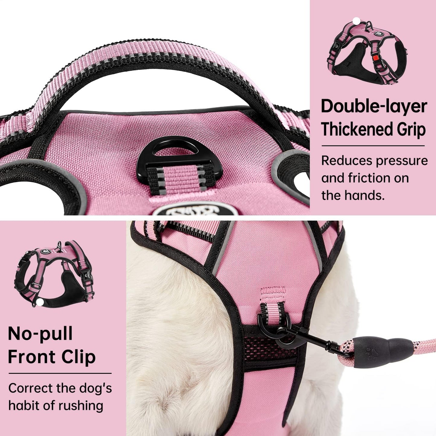 IVY&LANE No Pull Dog Harness for Small Dogs, Dog Vest Harness with Leash, Safety Belt and Storage Strap, Fully Adjustable, 360 Reflective Strip, Soft Handle (Pink, S)