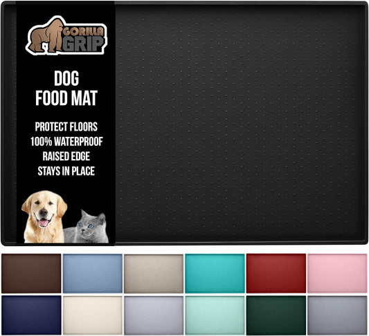 GORILLA GRIP 100% Waterproof Raised Edge BPA Free Silicone Pet Feeding Mat, Dog Cat Food Mats Contain Spills Protects Floors, Placemats for Cats and Dogs Water Bowl, Pets Accessories 28x18 Black