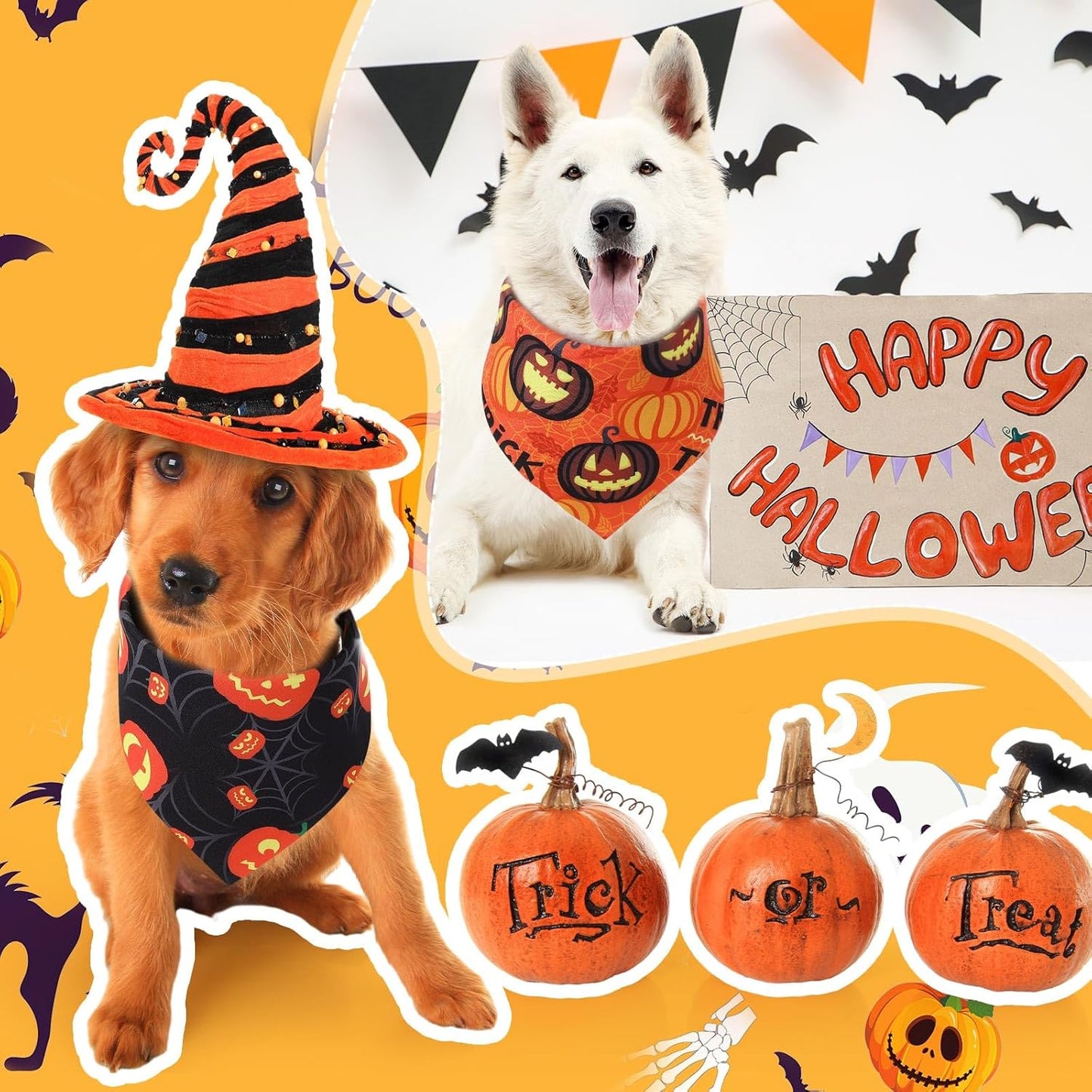 Abbylike 200 Pcs Halloween Dog Bandanas Bulk Pumpkin Bandanas for Dogs Pets Triangle Kerchief Bibs Scarf for Halloween Costume Photo Props Accessories Pet Shops Adoption Events Groomers, 25 Styles