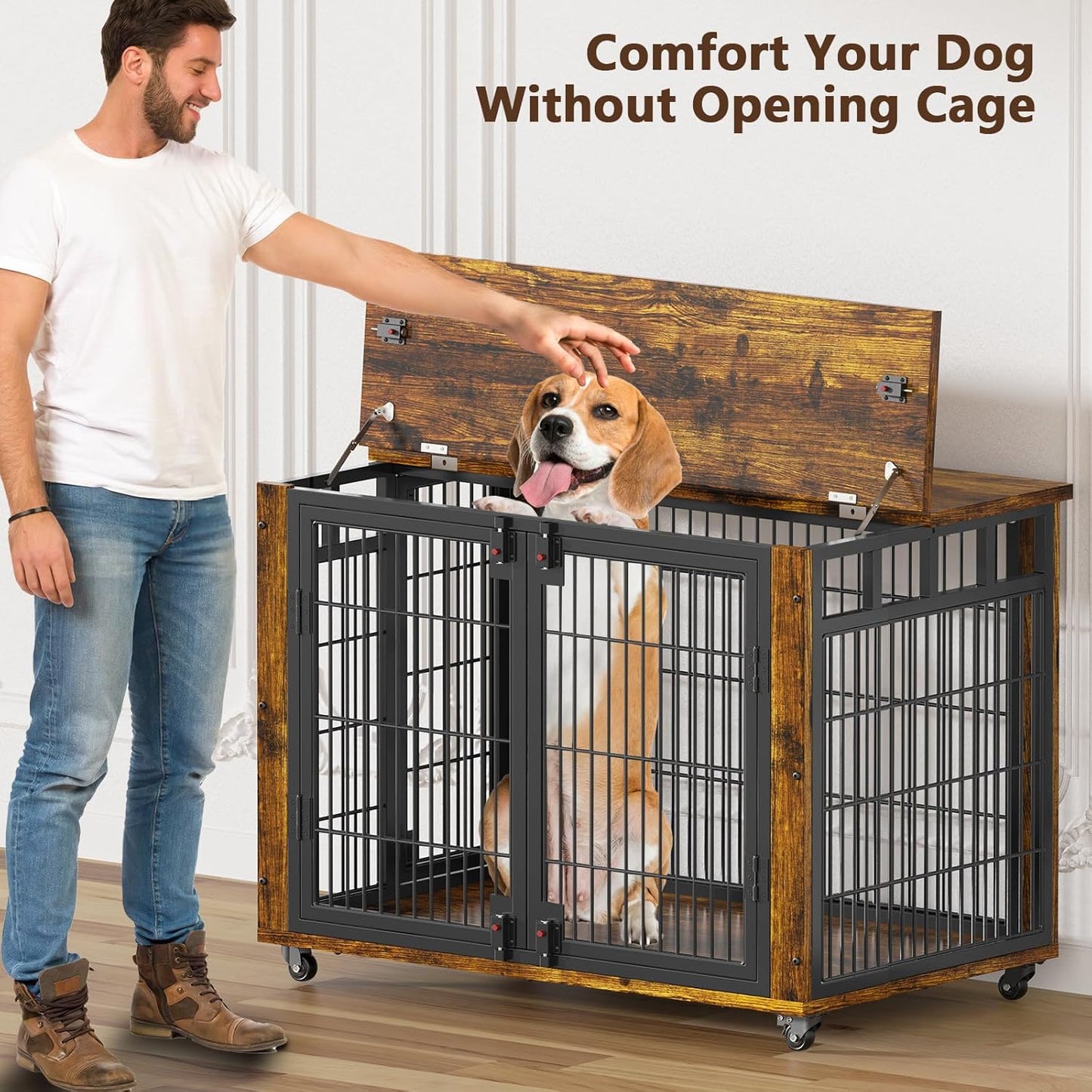 EasyCom 90% Pre-Assembled 33" Small and Meidum Dog Kennel Indoor Furniture, Wooden Dog Crate Furniture with Top-Access Teasing/Feeding Doors, for Medium and Small Breed, with Wheels Moveable